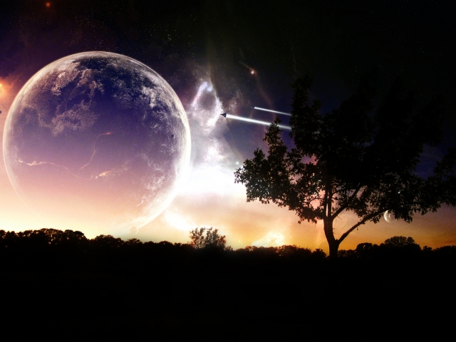 sci fi, planet rise, spaceship, atmosphere, tree, planet Panoramic Wallpaper