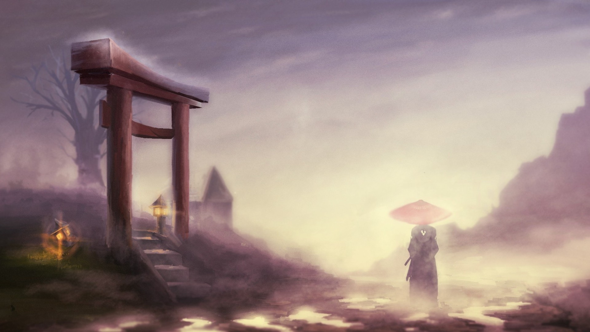 samurai champloo, anime, torii, umbrella