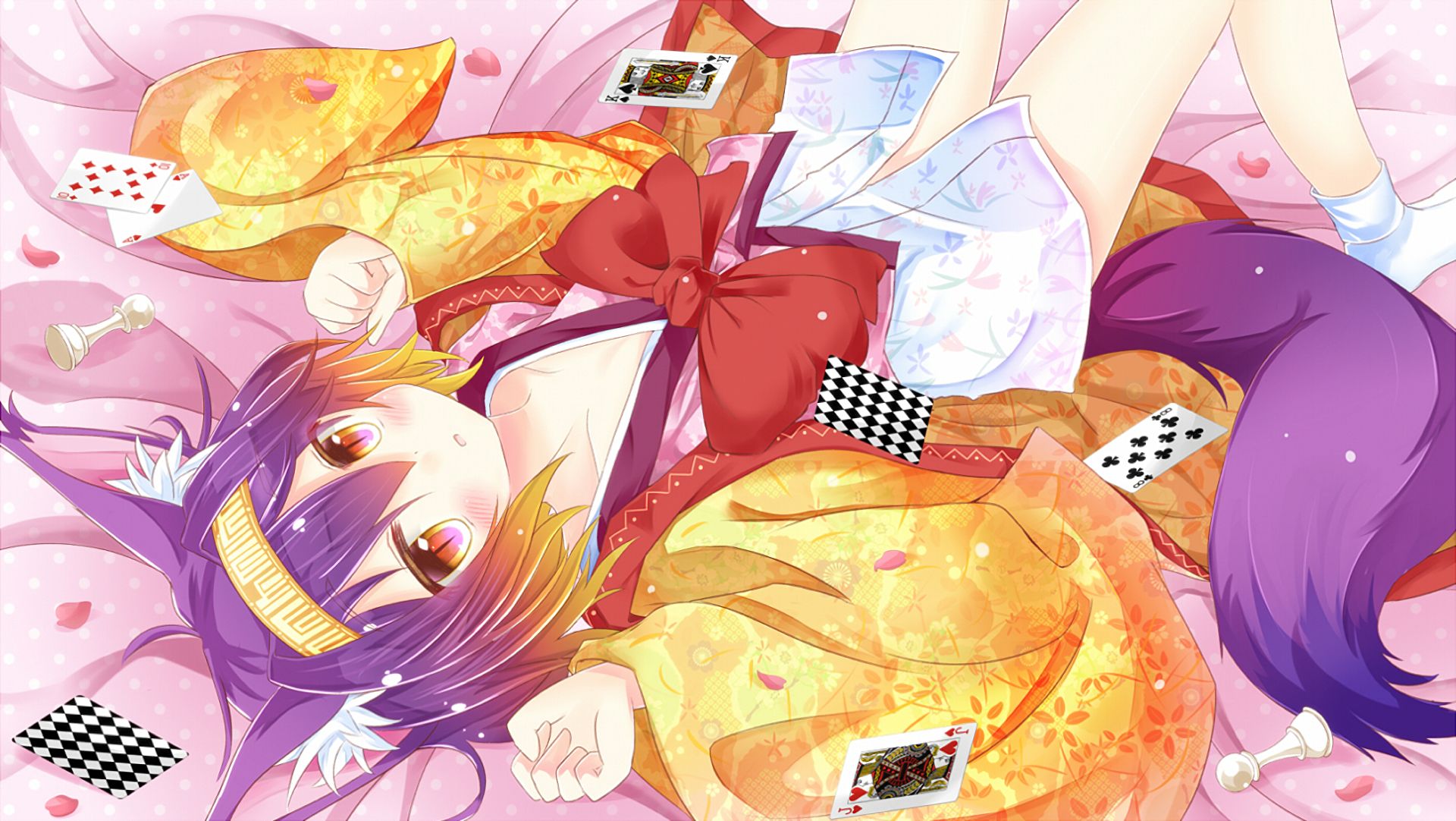 PC Wallpapers anime, no game no life, animal ears, blush, izuna hatsuse, kimono, purple hair, socks, tail, yellow eyes