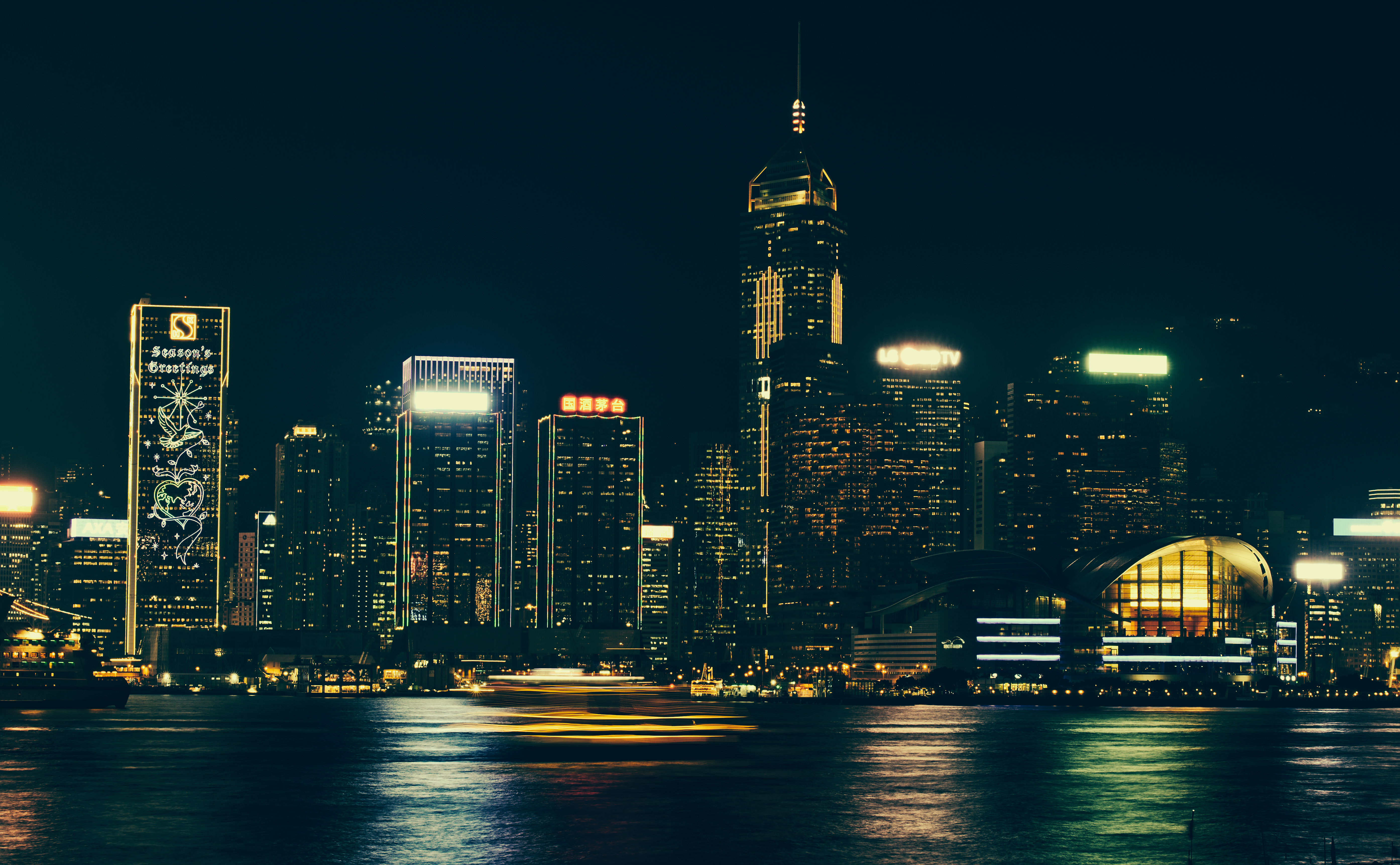 Download mobile wallpaper Long Term Exposure, Cities, Hong Kong S A R, City Lights, Panorama, Night City, Hong Kong for free.