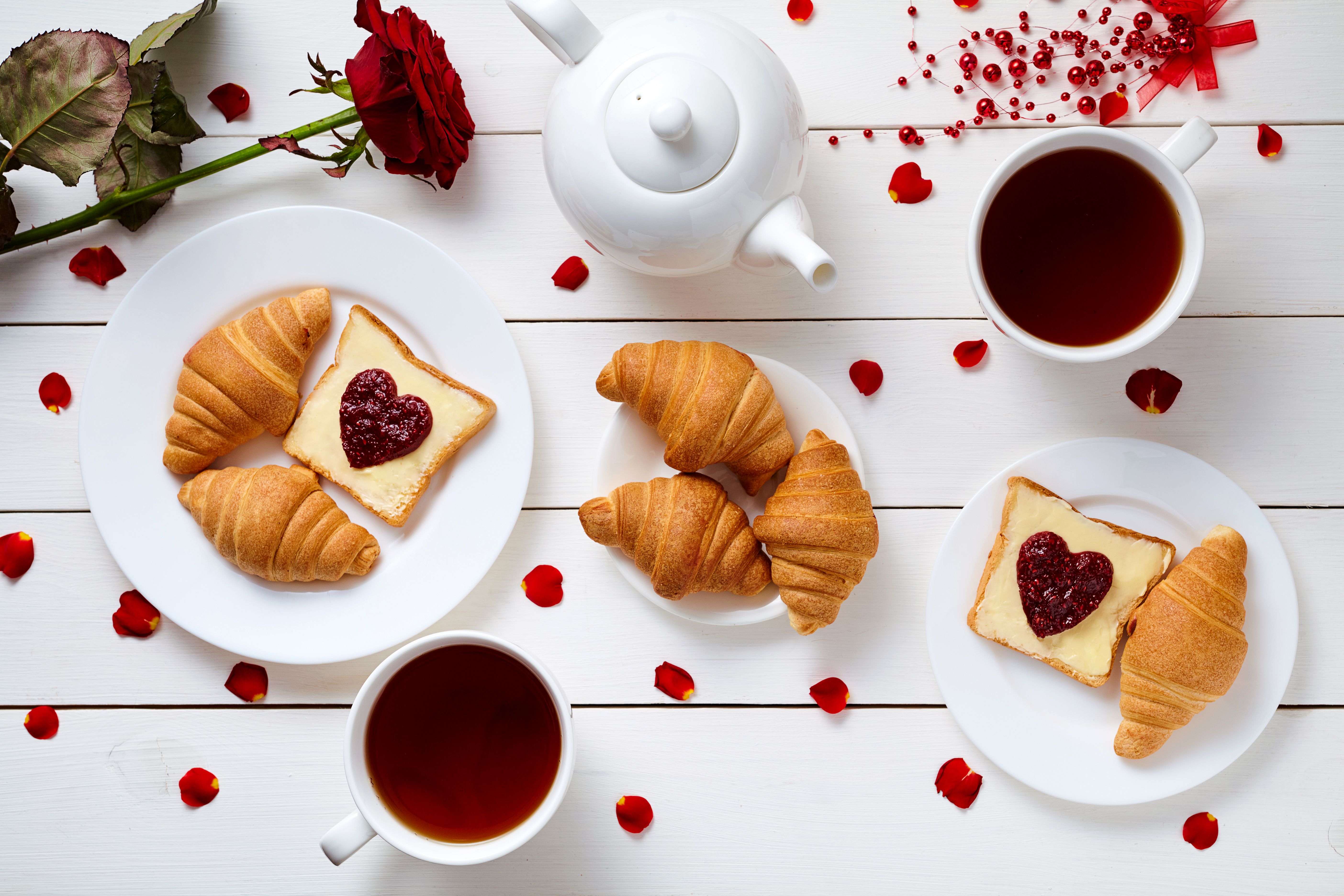 croissant, food, breakfast, cup, romantic, still life, tea 2160p
