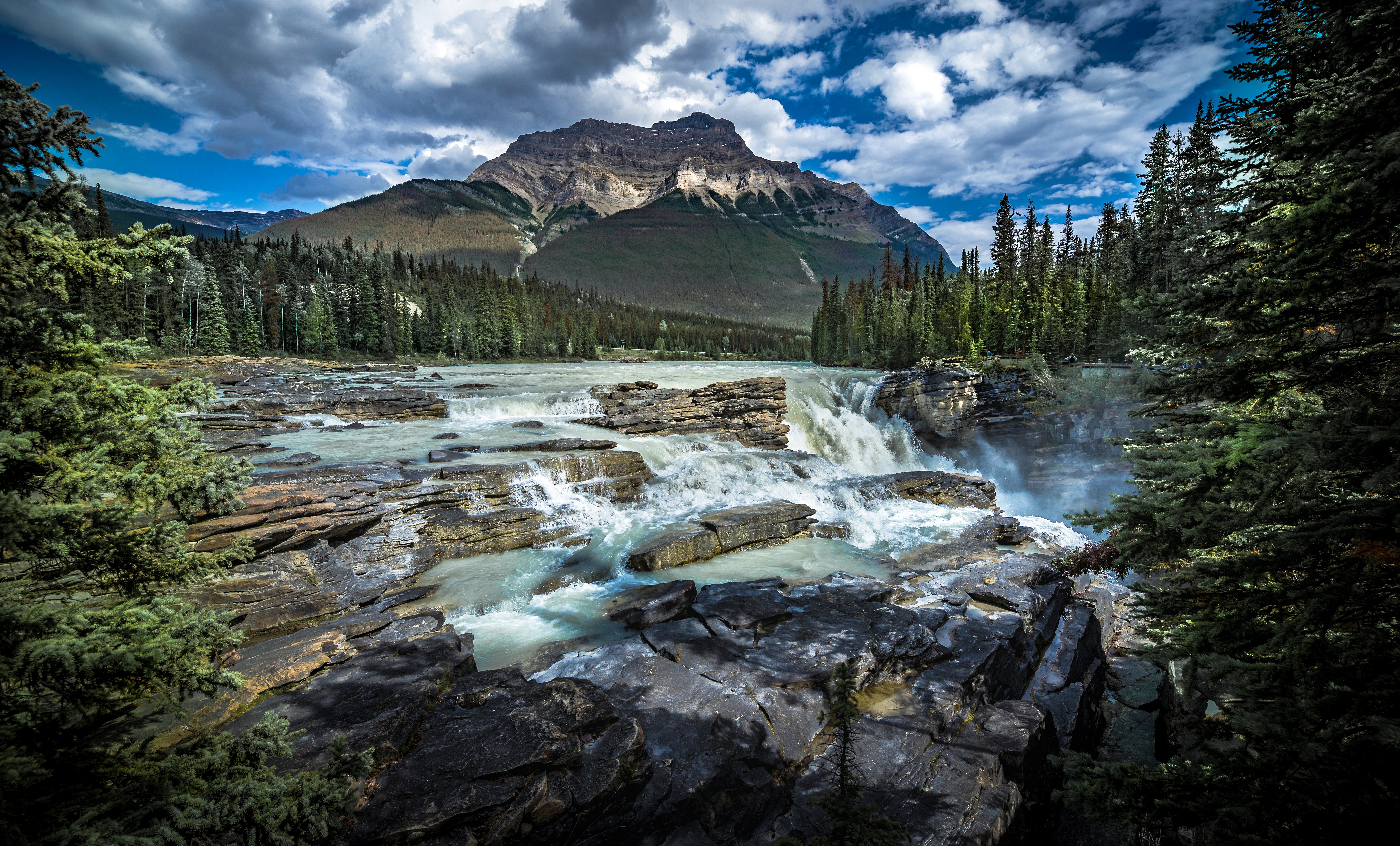 1005876 скачать обои канадские скалистые горы, земля/природа, река, альберта, водопад атабаска, канада, национальный парк джаспер, гора, водопад - заставки и картинки бесплатно