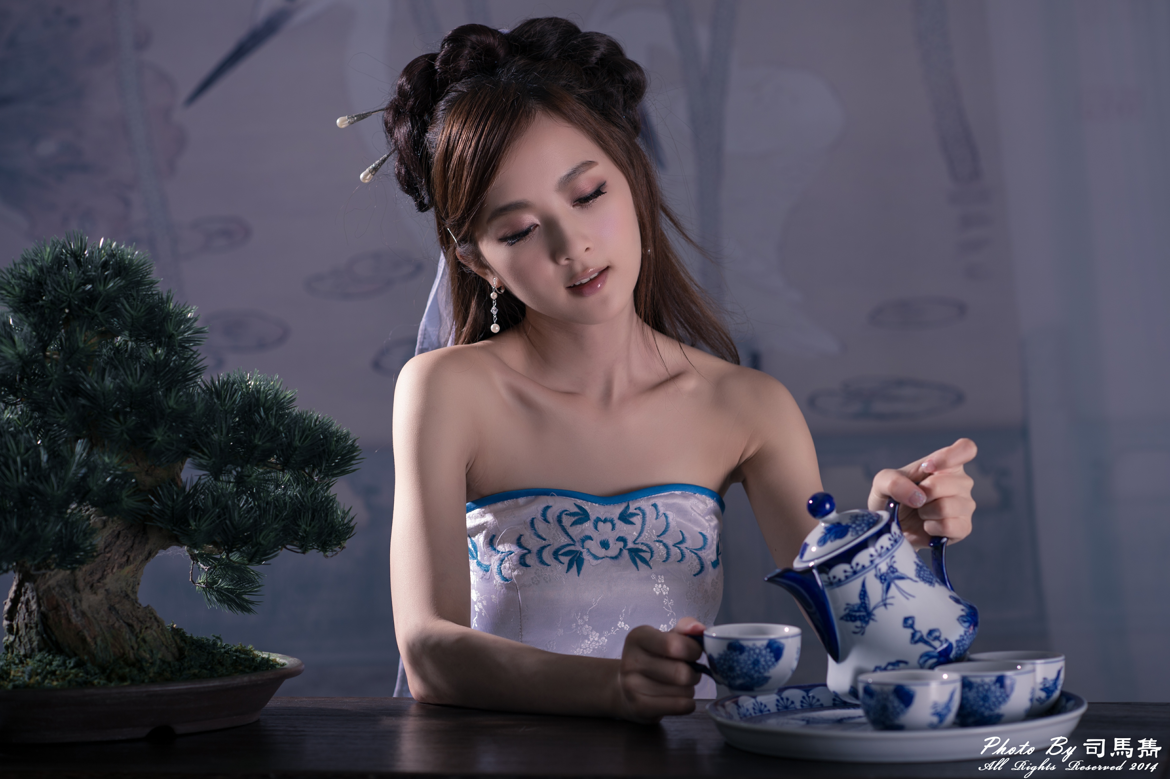 china, women, mikako zhang kaijie, asian, bonsai, chinese, cup, dress, hairpin, hair dress, taiwanese, tea set