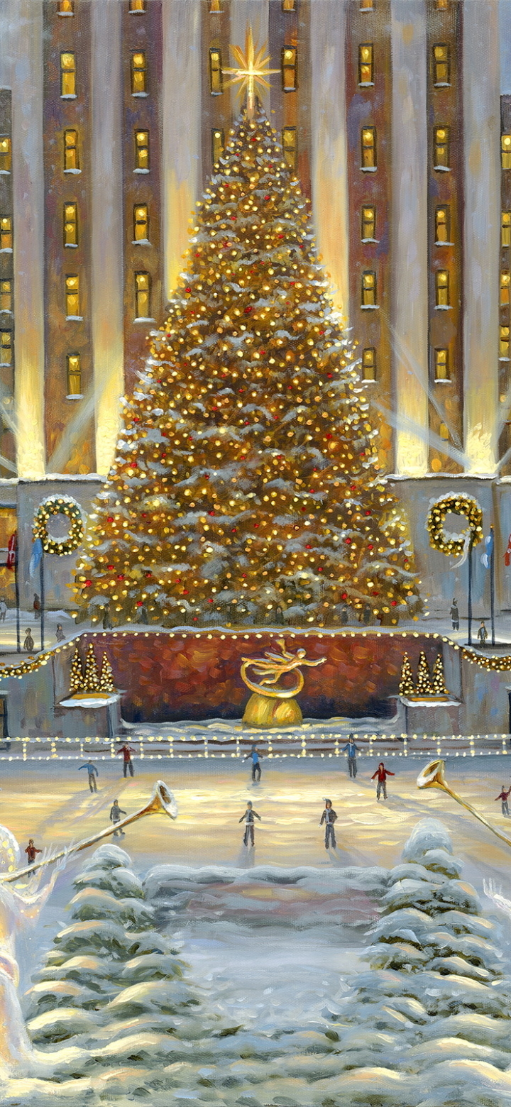 1405868 Hintergrundbild herunterladen künstlerisch, malerei, weihnachtsbaum, weihnachten, eisbahn - Bildschirmschoner und Bilder kostenlos
