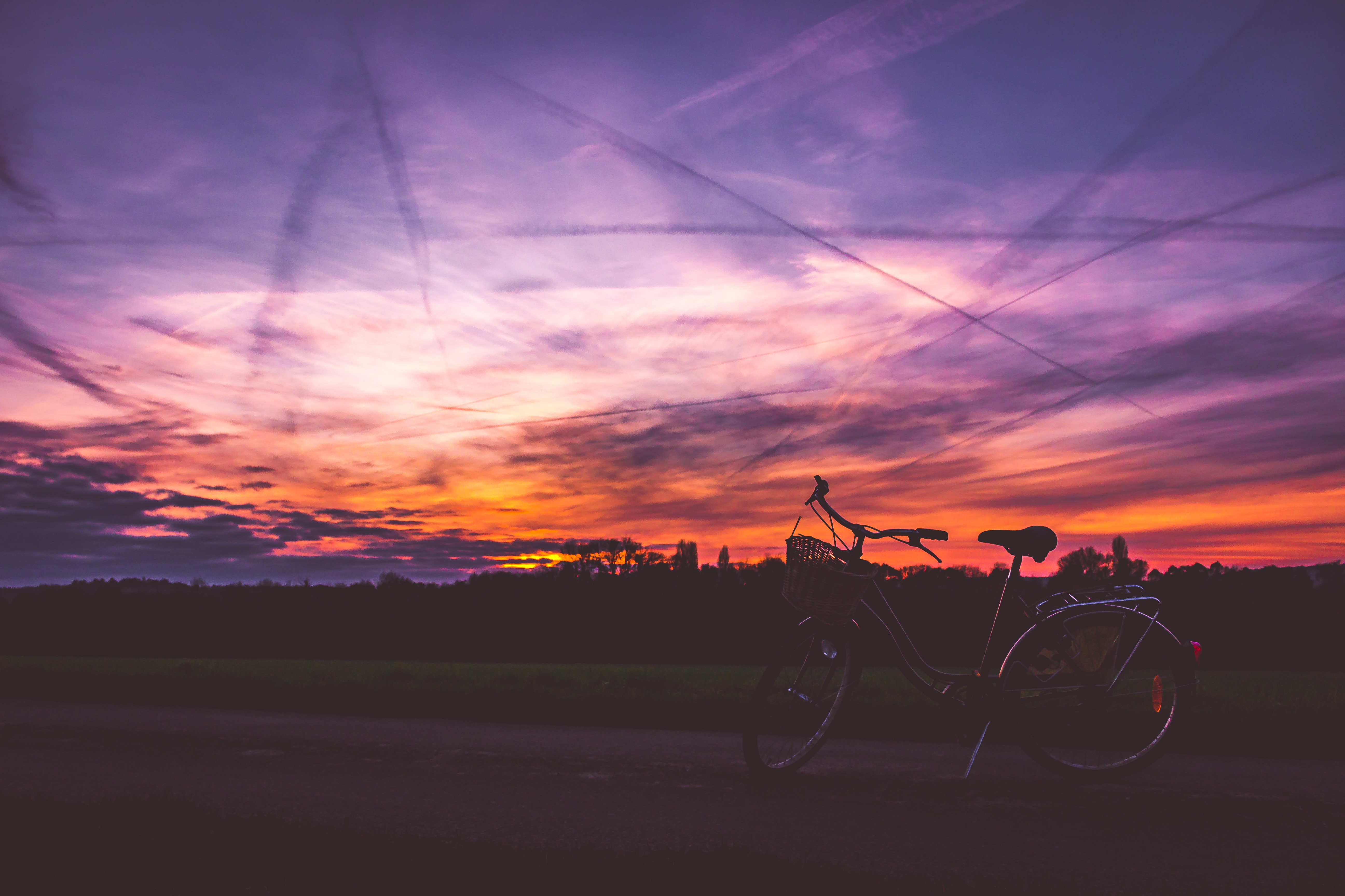 Download mobile wallpaper Road, Sky, Sunset, Bicycle, Dark for free.