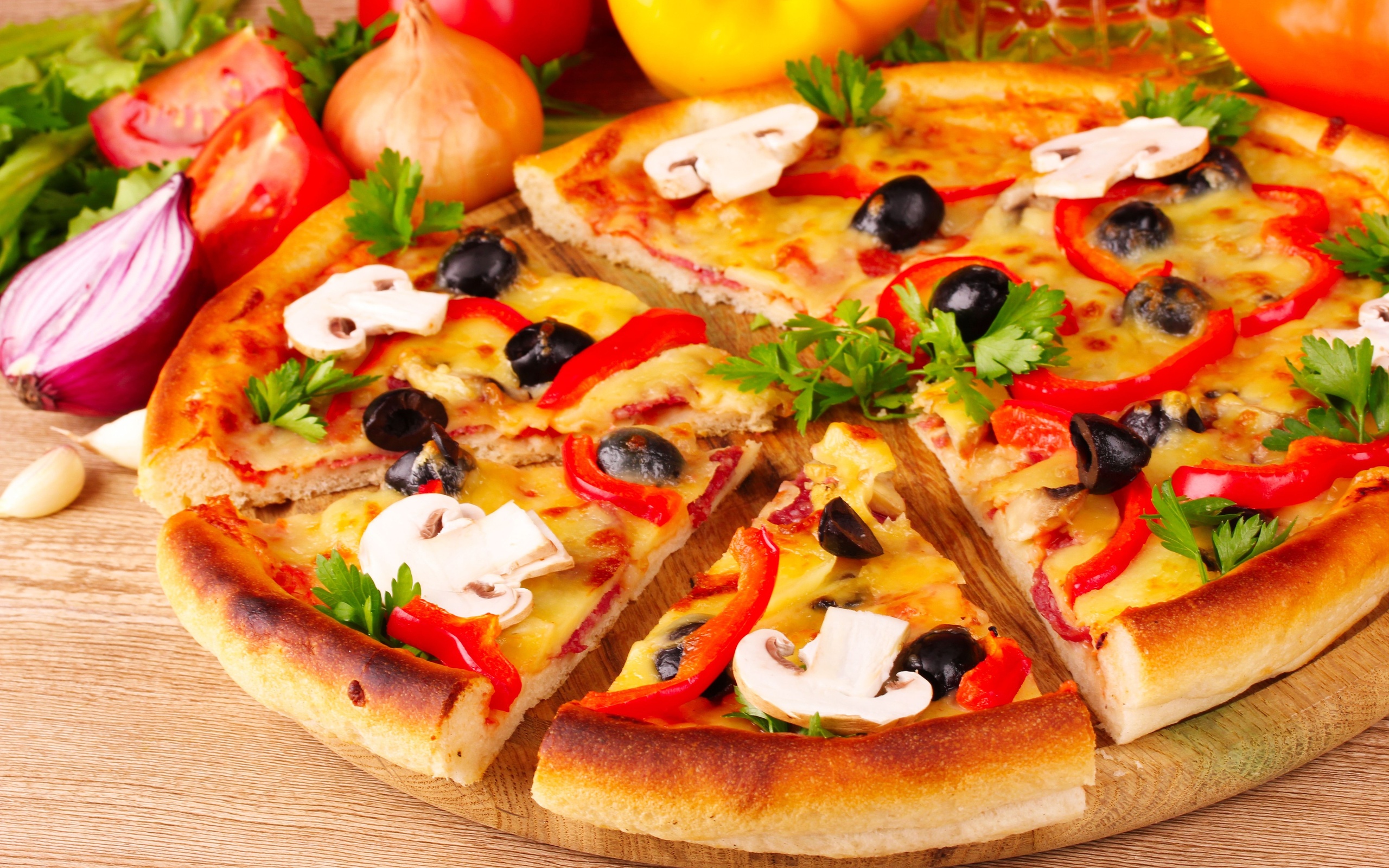 food, pizza, mushroom, olive, onion, parsley, tomato