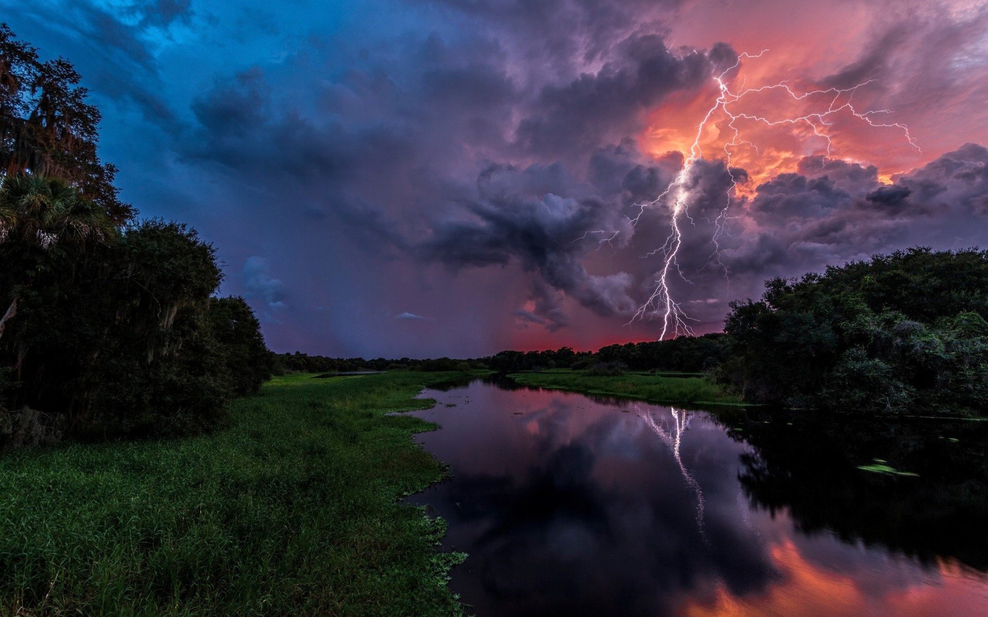 reflection, storm, lightning, nature, earth, sky, cloud, dark, river
