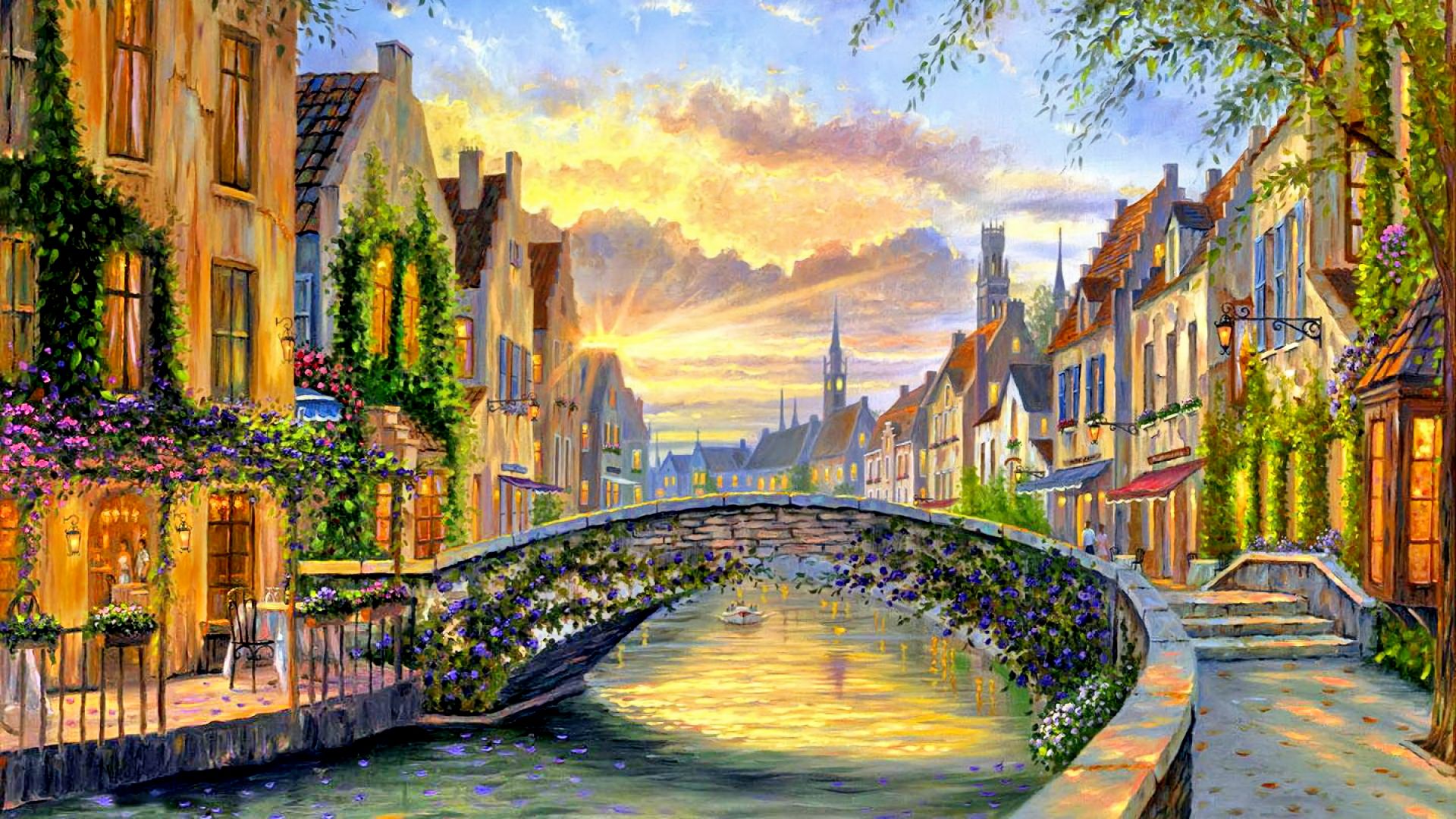 828310 скачать картинку весна, картина, бельгия, дом, художественные, мост, город - обои и заставки бесплатно