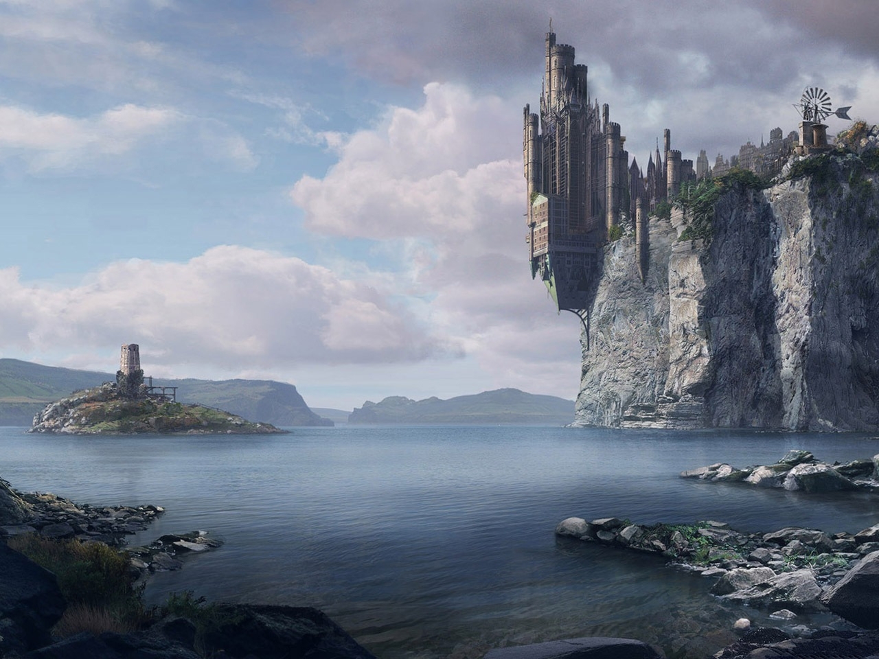 castles, landscape, fantasy, mountains, sea, blue High Definition image