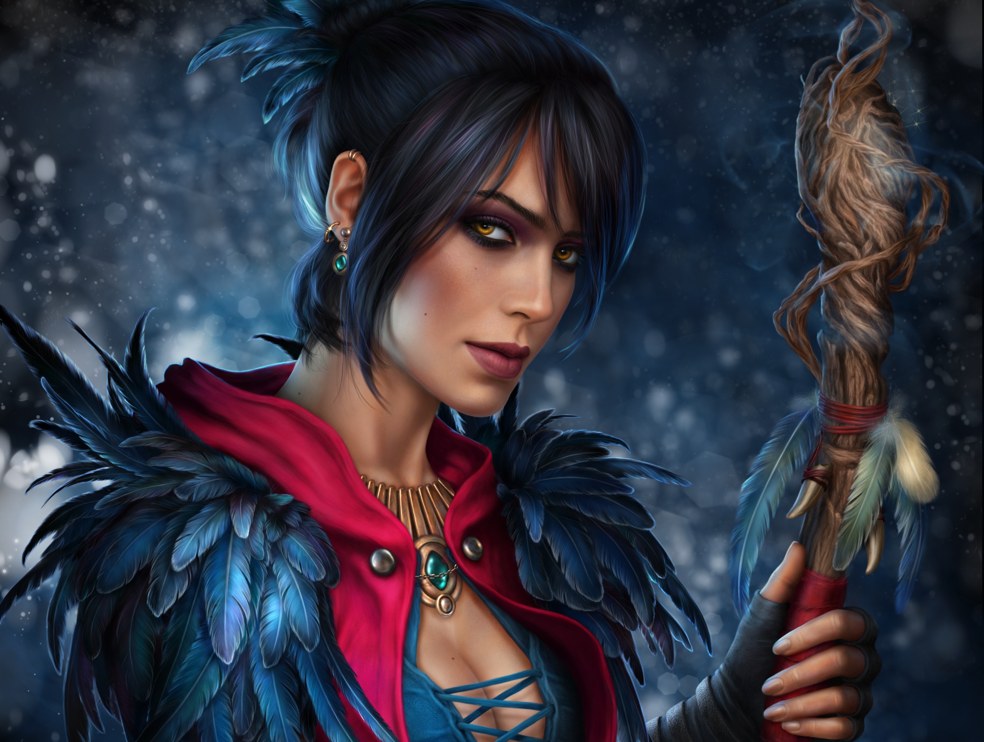 wallpapers morrigan (dragon age), yellow eyes, video game, dragon age, blue hair, feather, short hair, staff, witch