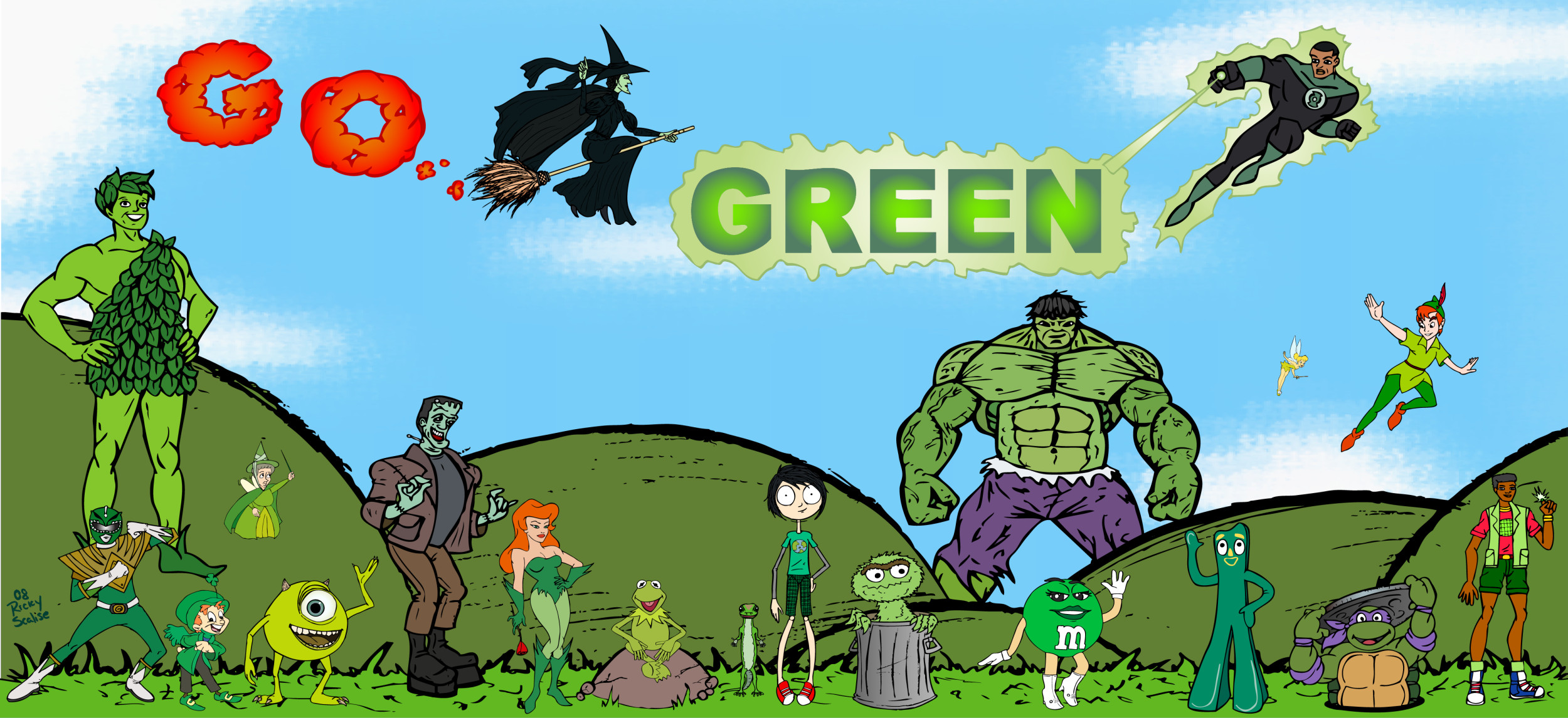 tv show, crossover, green lantern, green ranger, hulk, john stewart (green lantern), kermit the frog, mike wazowski, peter pan, poison ivy, tinker bell