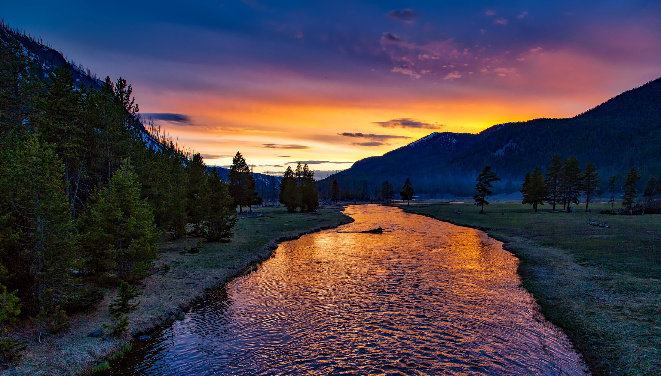 sunset, earth, yellowstone national park, dusk, hdr, mountain, national park, nature, river, scenic, tree, twilight, usa, wilderness