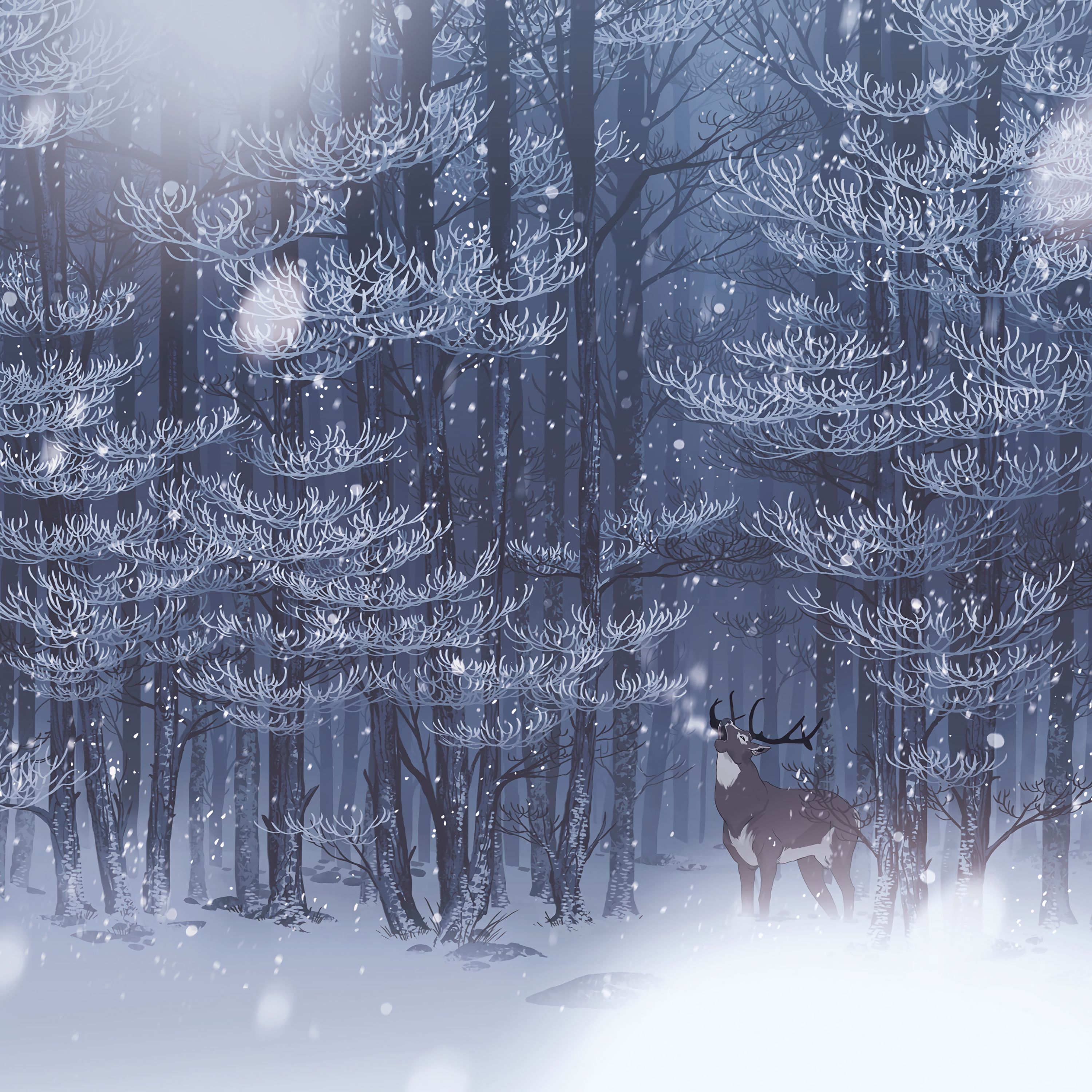 PCデスクトップに野生動物, 鳥獣, 森, 雪, 鹿, 森林, アート画像を無料でダウンロード