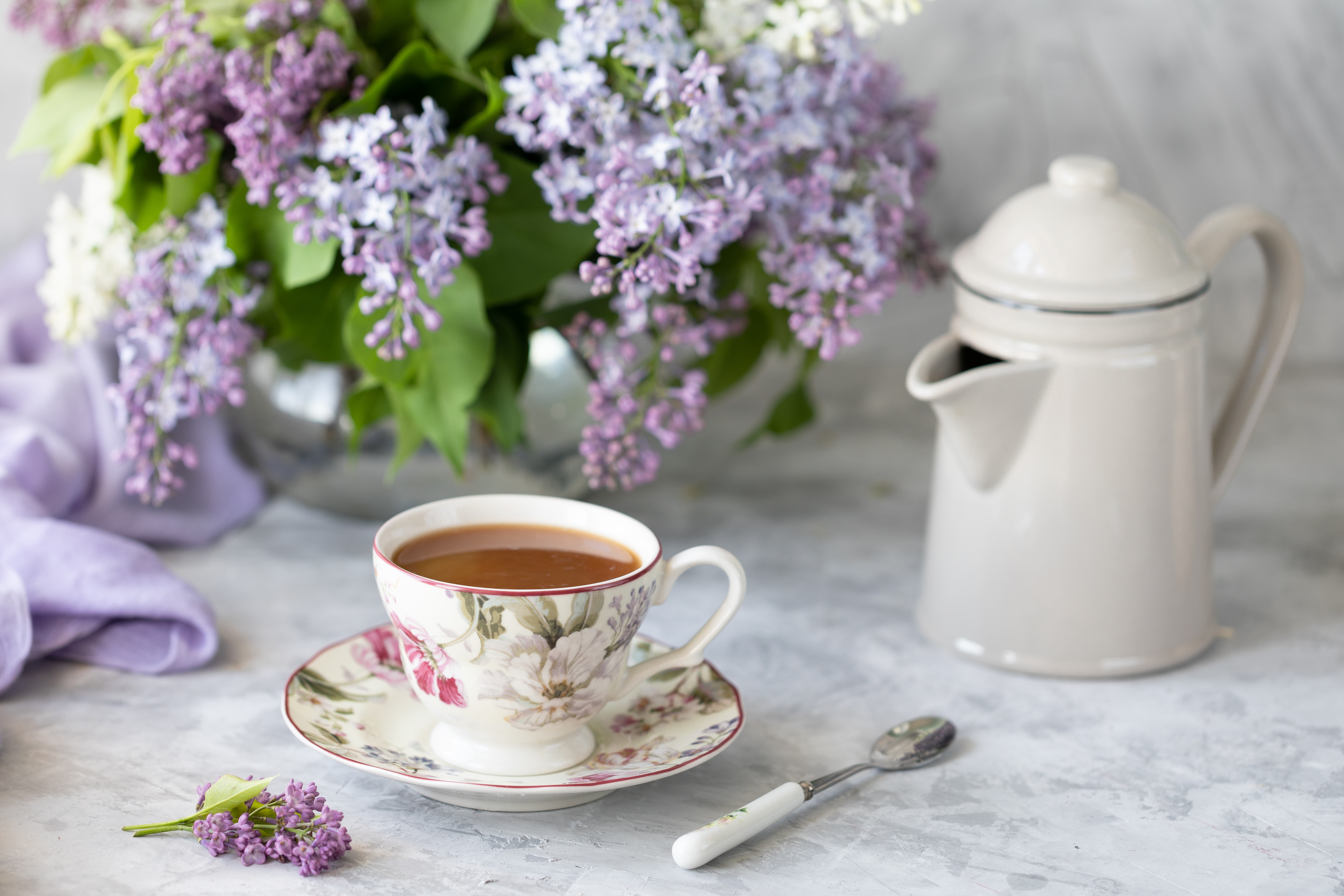 food, tea, cup, kettle, lilac, still life