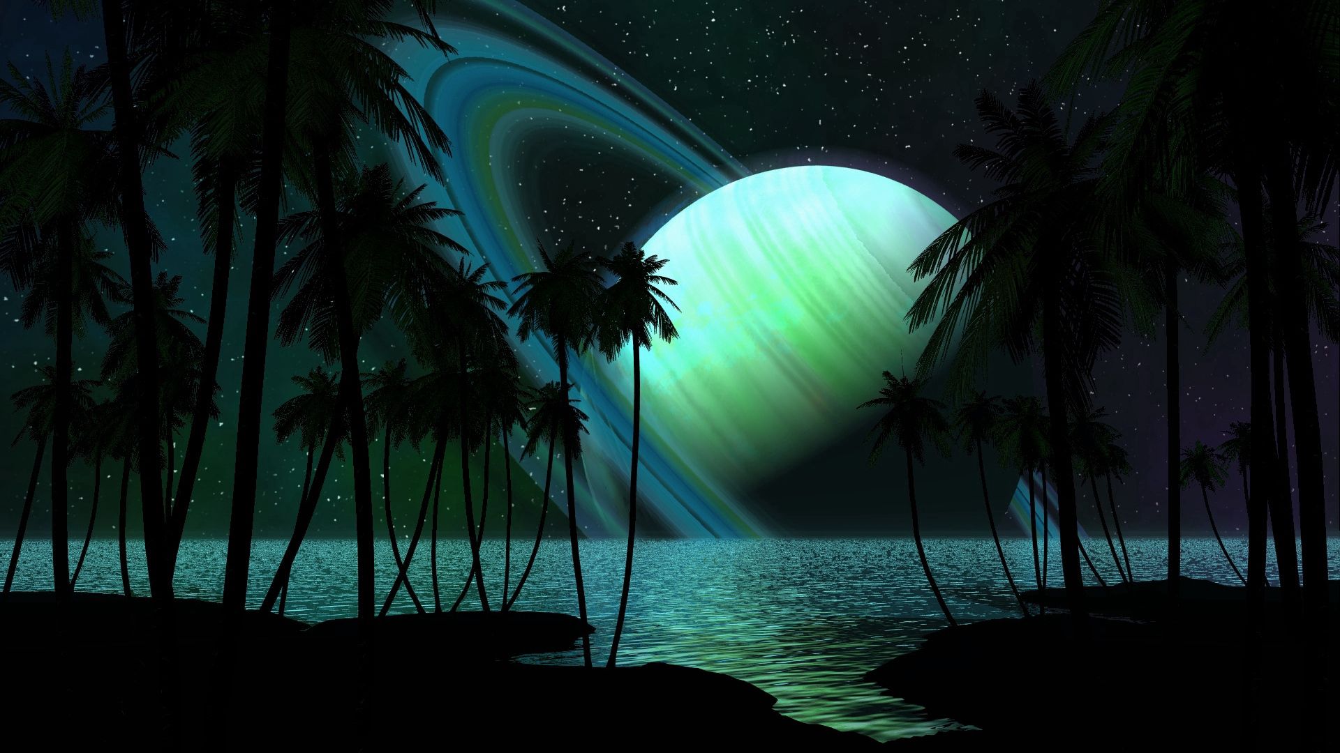 palms, saturn, abstract, sky, shine, light, planet HD wallpaper