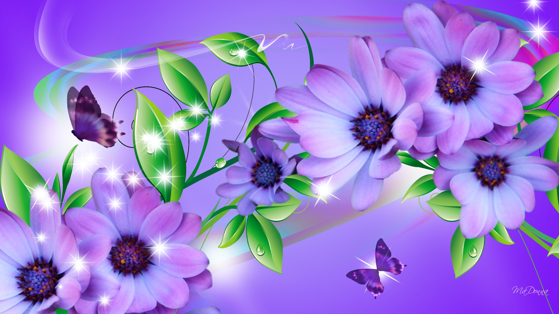 butterfly, purple, daisy, flowers, flower, leaf, artistic