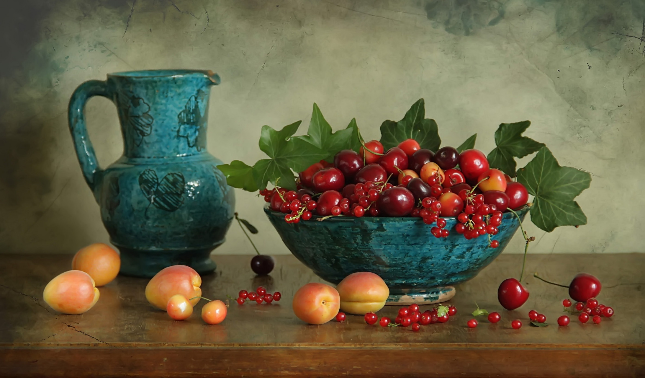 food, still life, apricot, bowl, cherry, fruit, vase HD wallpaper
