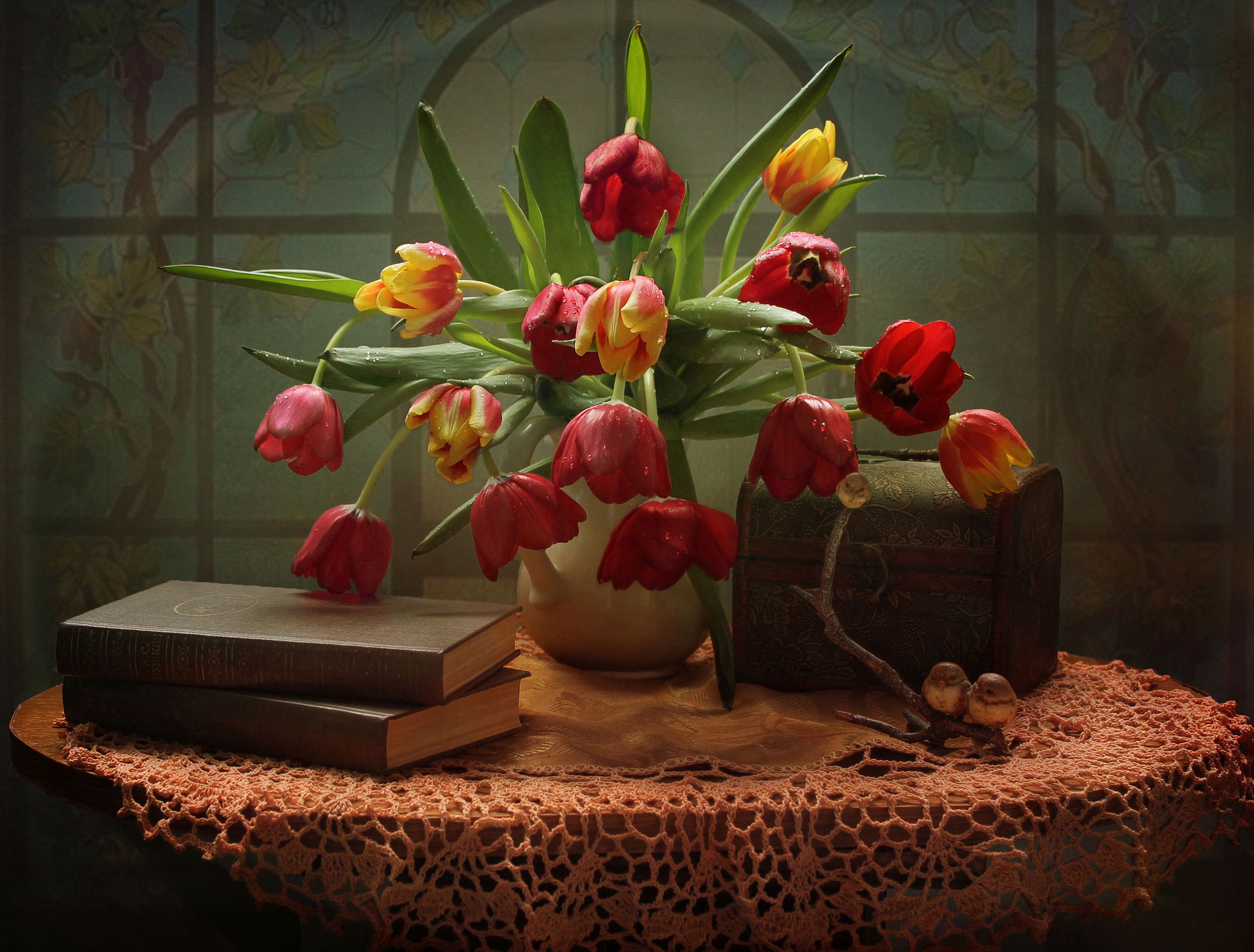 photography, still life, book, chest, red flower, tulip, vase Full HD