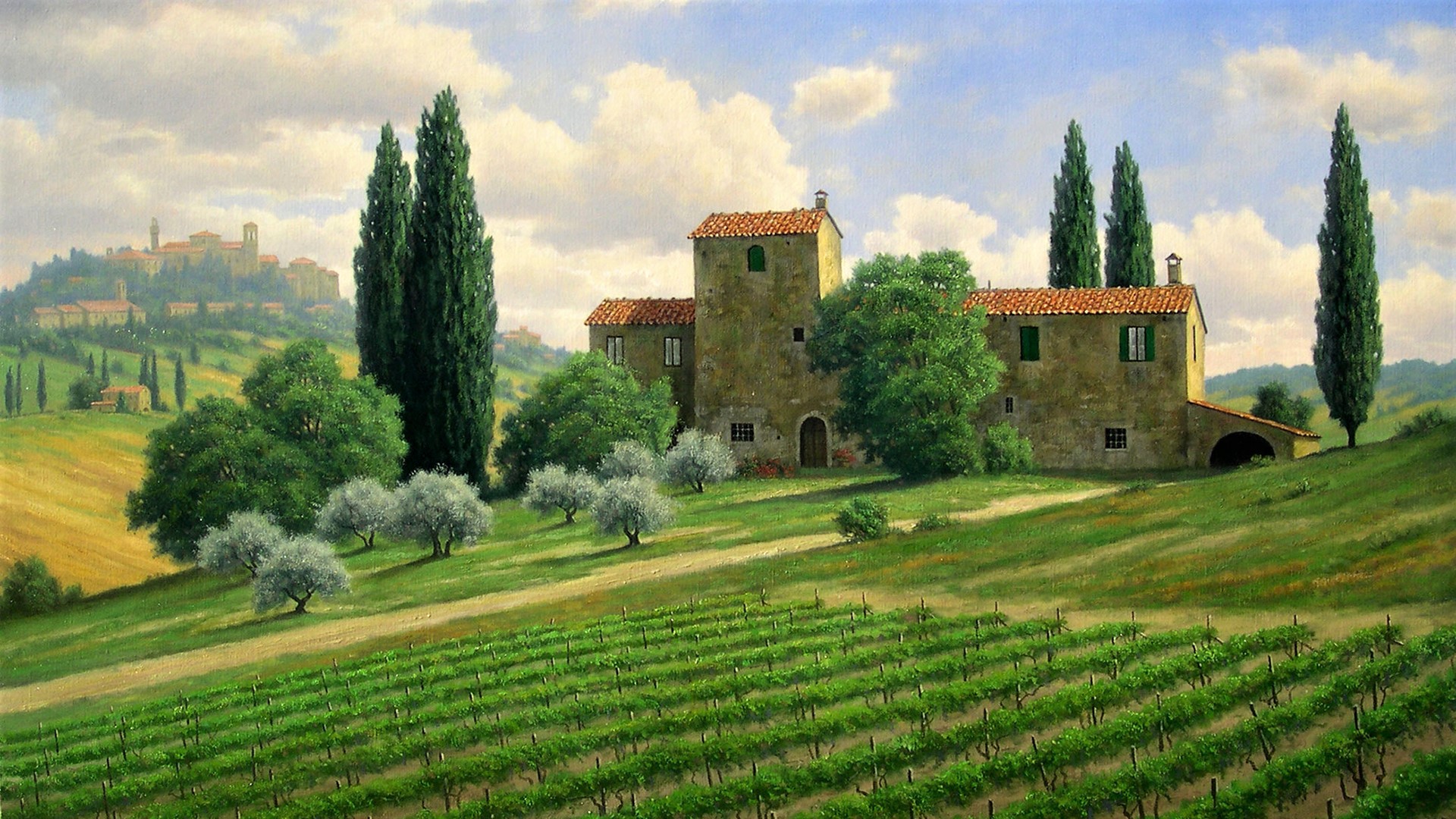 italy, tuscany, artistic, painting, landscape Panoramic Wallpaper