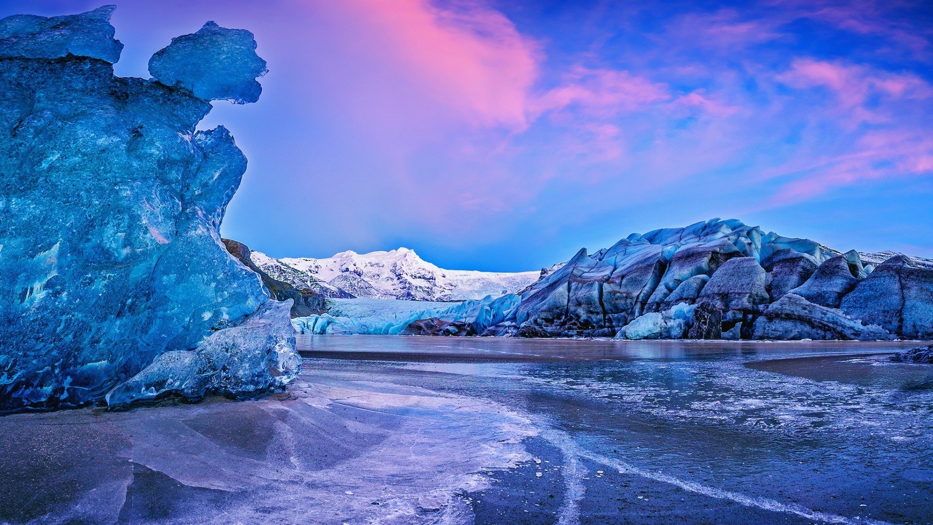 765019 скачать обои зима, земля/природа, ледник, исландия, озеро, закат - заставки и картинки бесплатно