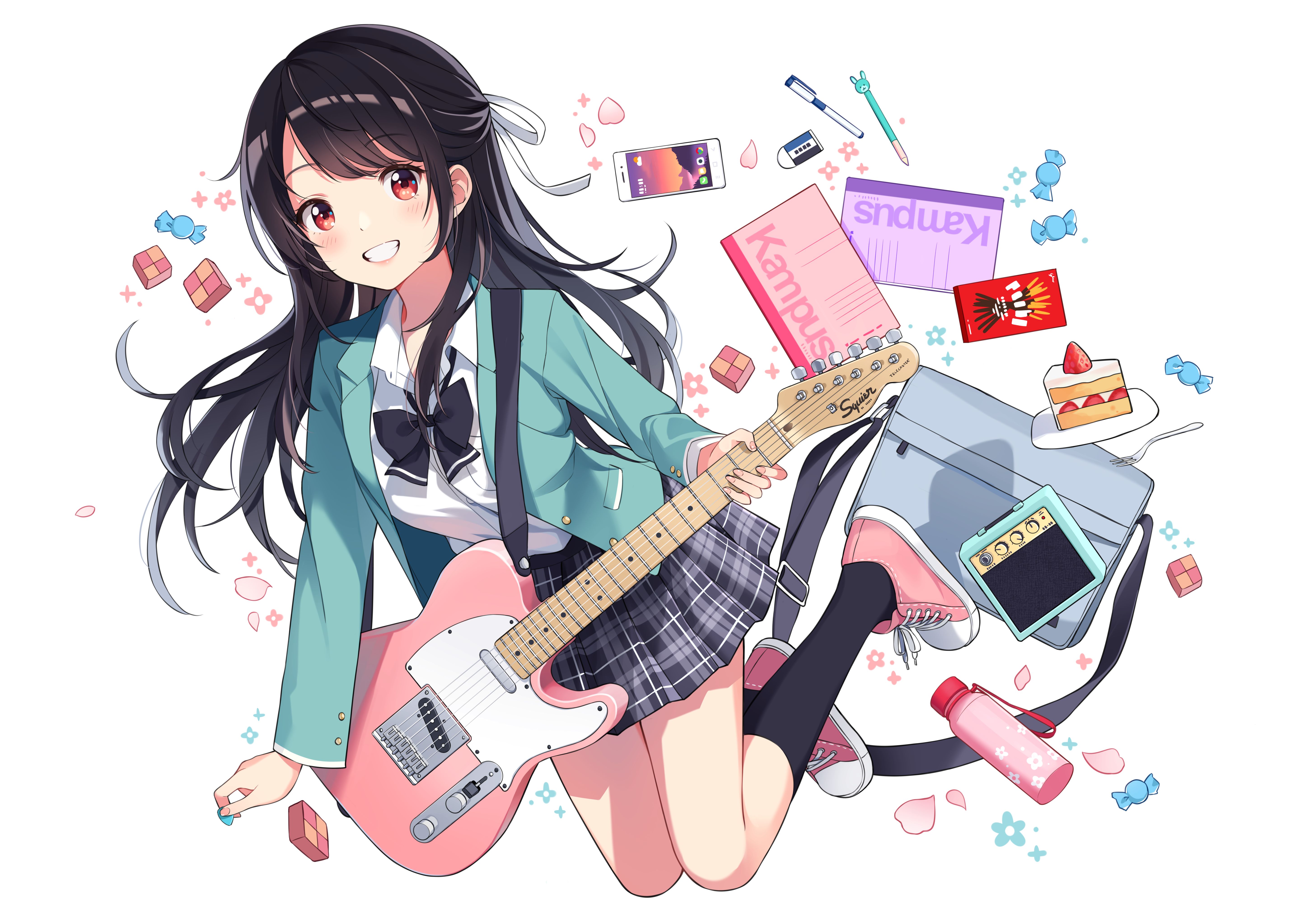Wallpaper ID: 102066 / K-ON!, anime girls, Akiyama Mio, black hair, long  hair, guitar, microphone, fan art, 2D, black skirts, guitarist, black eyes,  black hat free download