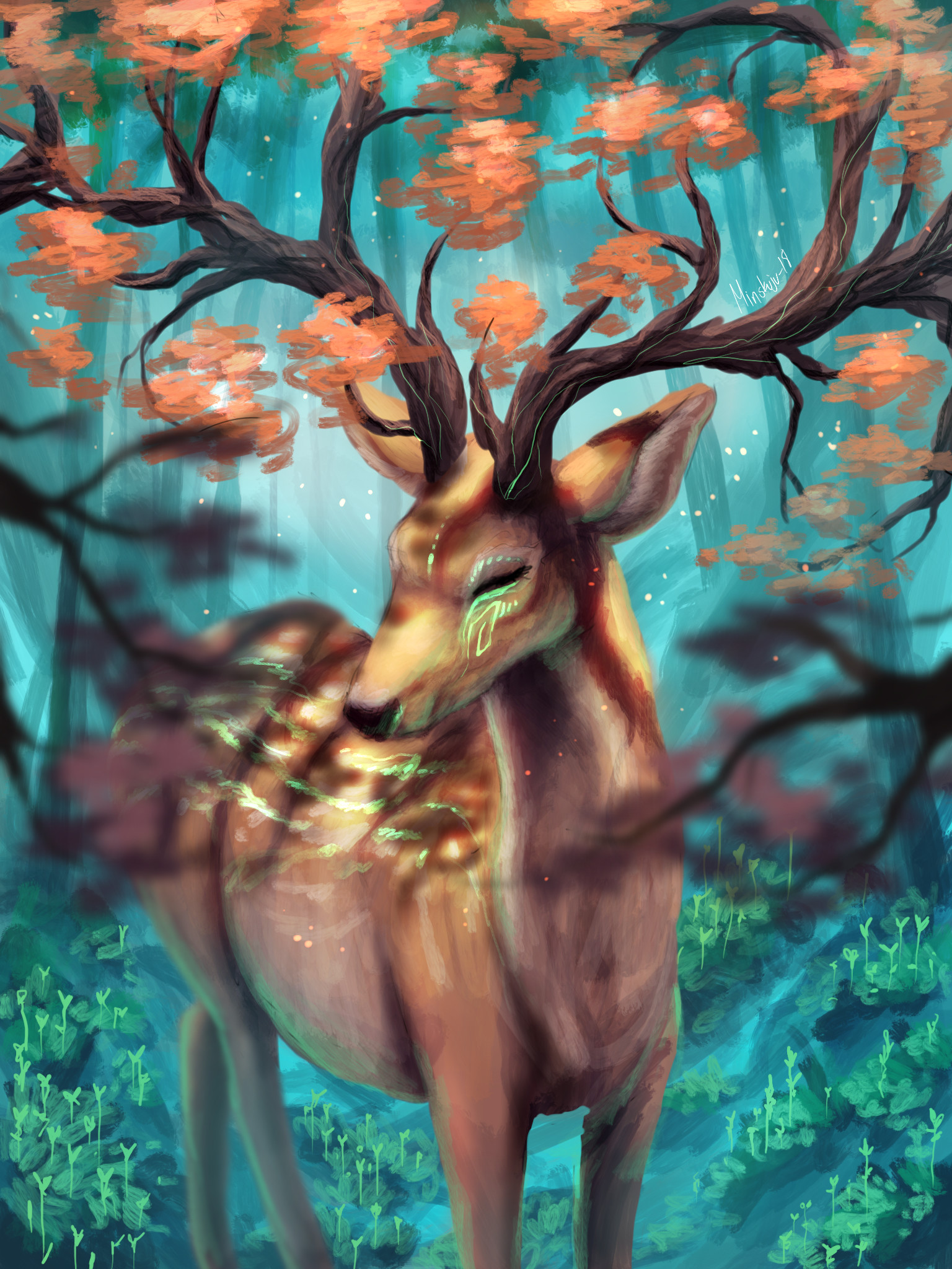 deer, art, branches, horns High Definition image
