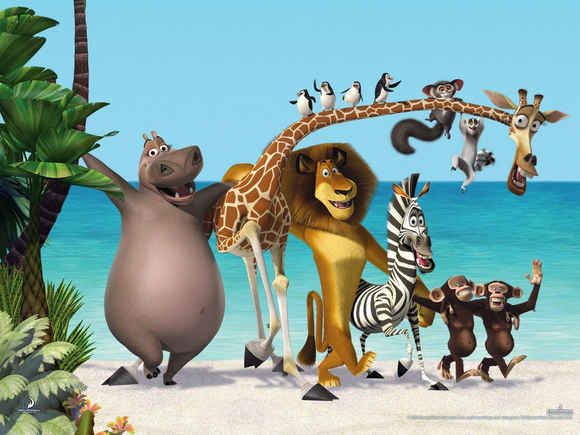 Windows Backgrounds penguin, movie, madagascar 3: europe's most wanted, giraffe, hippo, lion, monkey