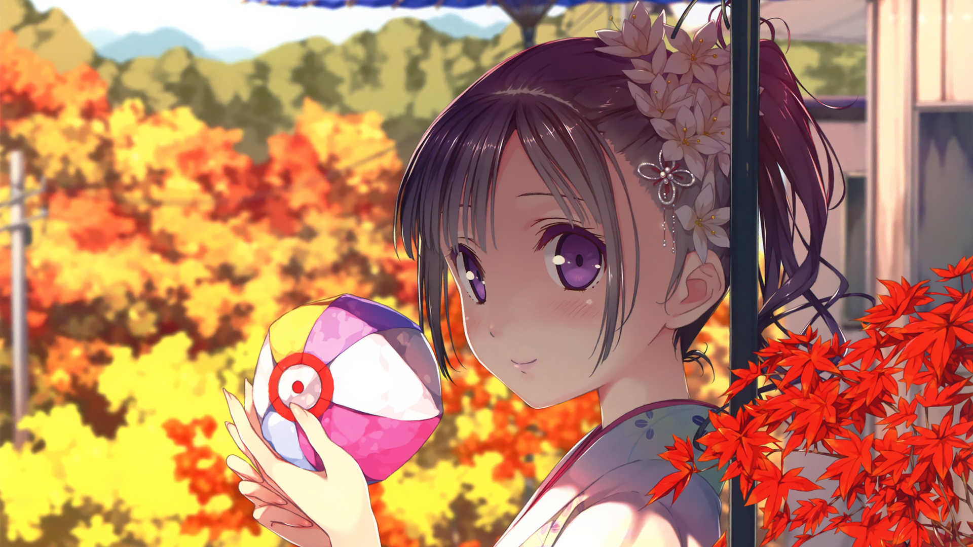 ball, anime, original, cute, japanese clothes, maple leaf, purple eyes Full HD