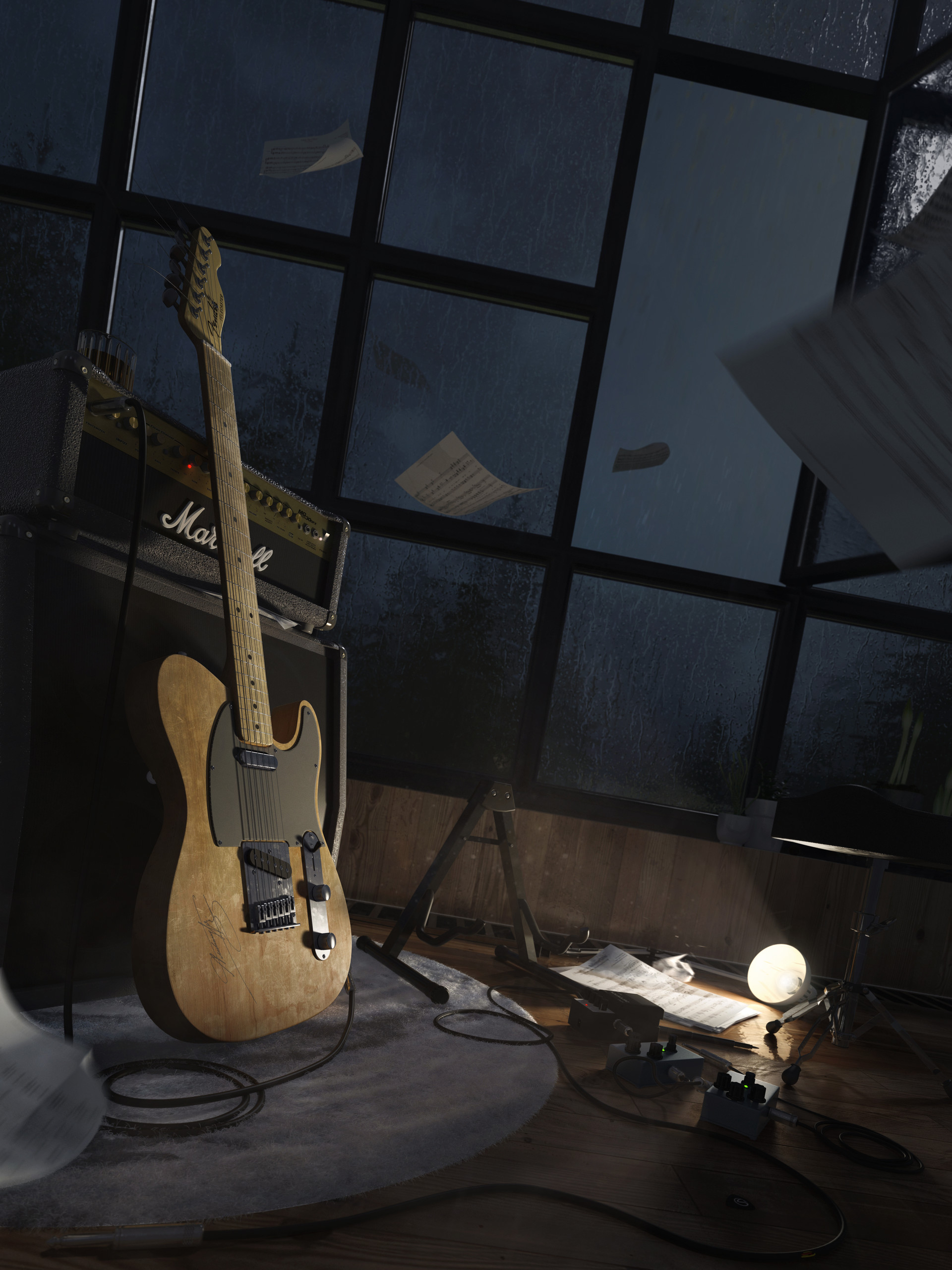 guitar, electric guitar, musical instrument, paper, music, window, amplifier