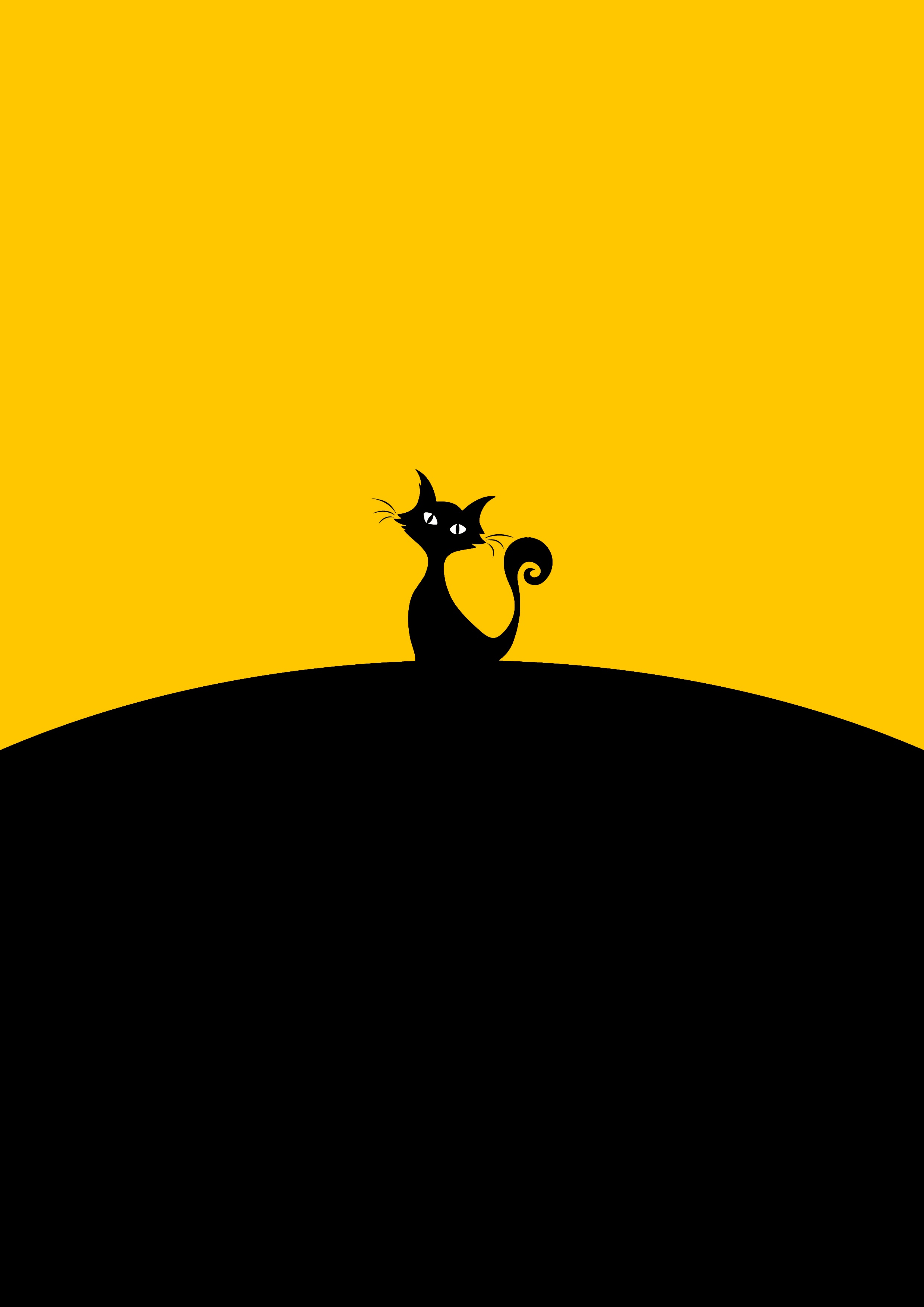 yellow, black, silhouette, vector, minimalism, cat 8K