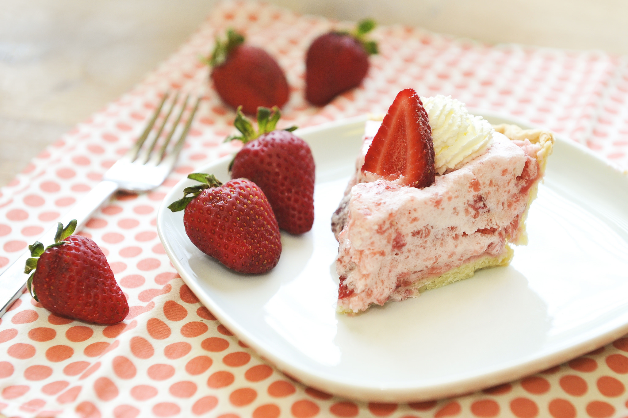 Download mobile wallpaper Cake, Strawberry, Plate, Fork, Food, Desert for free.