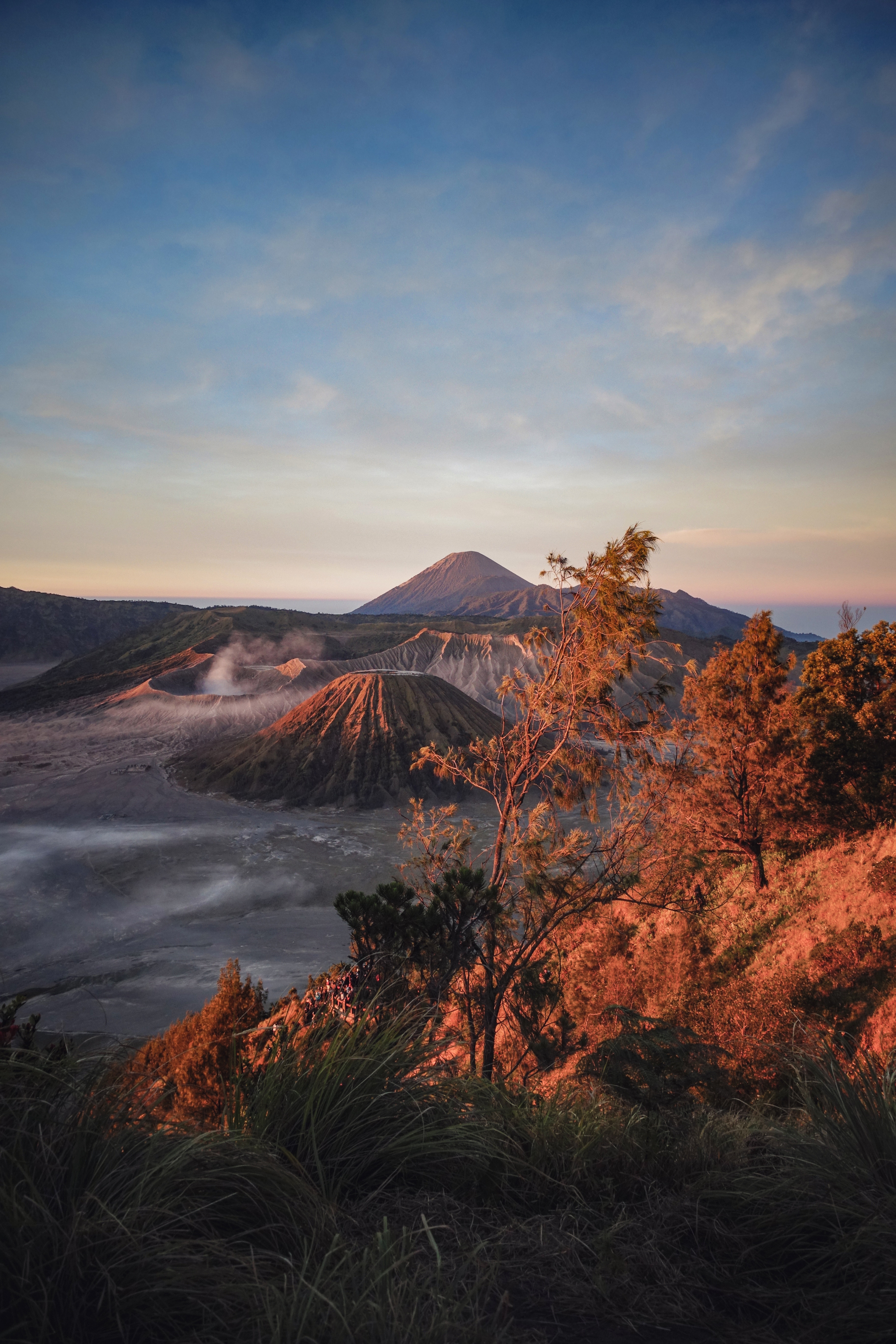 sunrise, nature, grass, sky, mountains, dawn, rise, volcano phone wallpaper