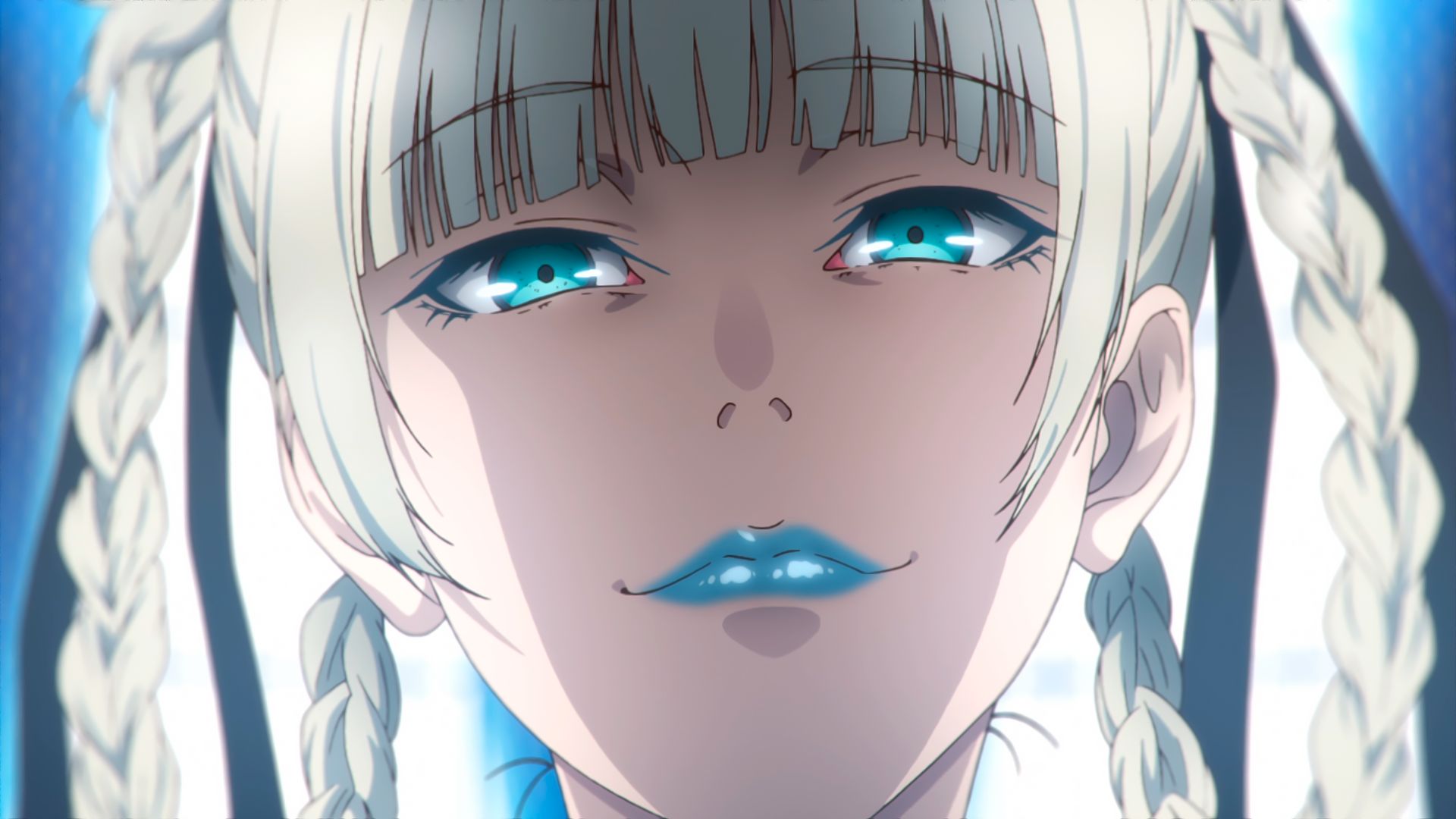 kirari momobami, anime, kakegurui, blue eyes, braid, white hair 4K