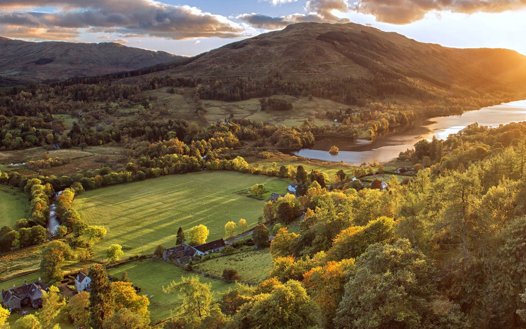 field, scotland, trees, nature, rivers, mountains, view from above