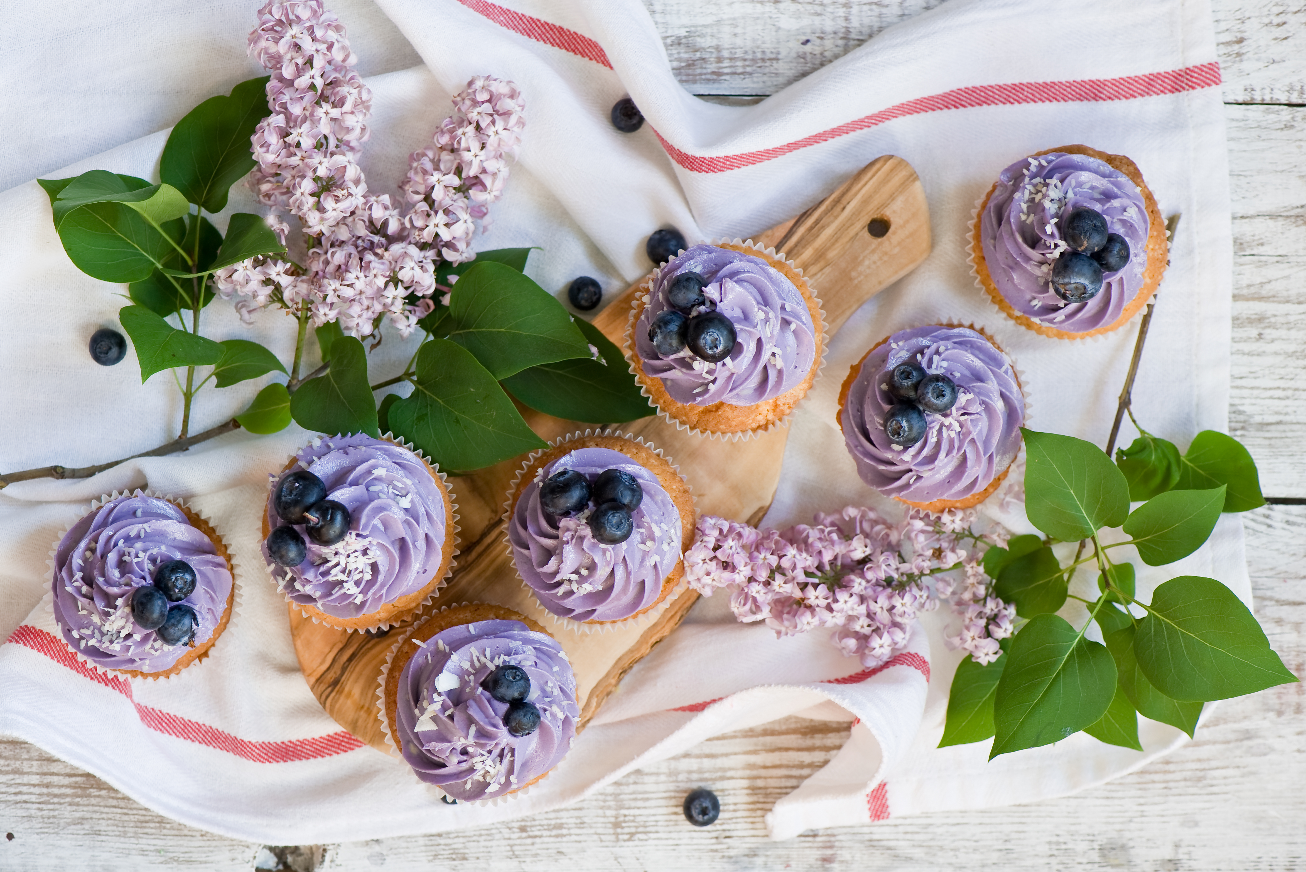 cupcakes, food, lilac, bilberries, cream