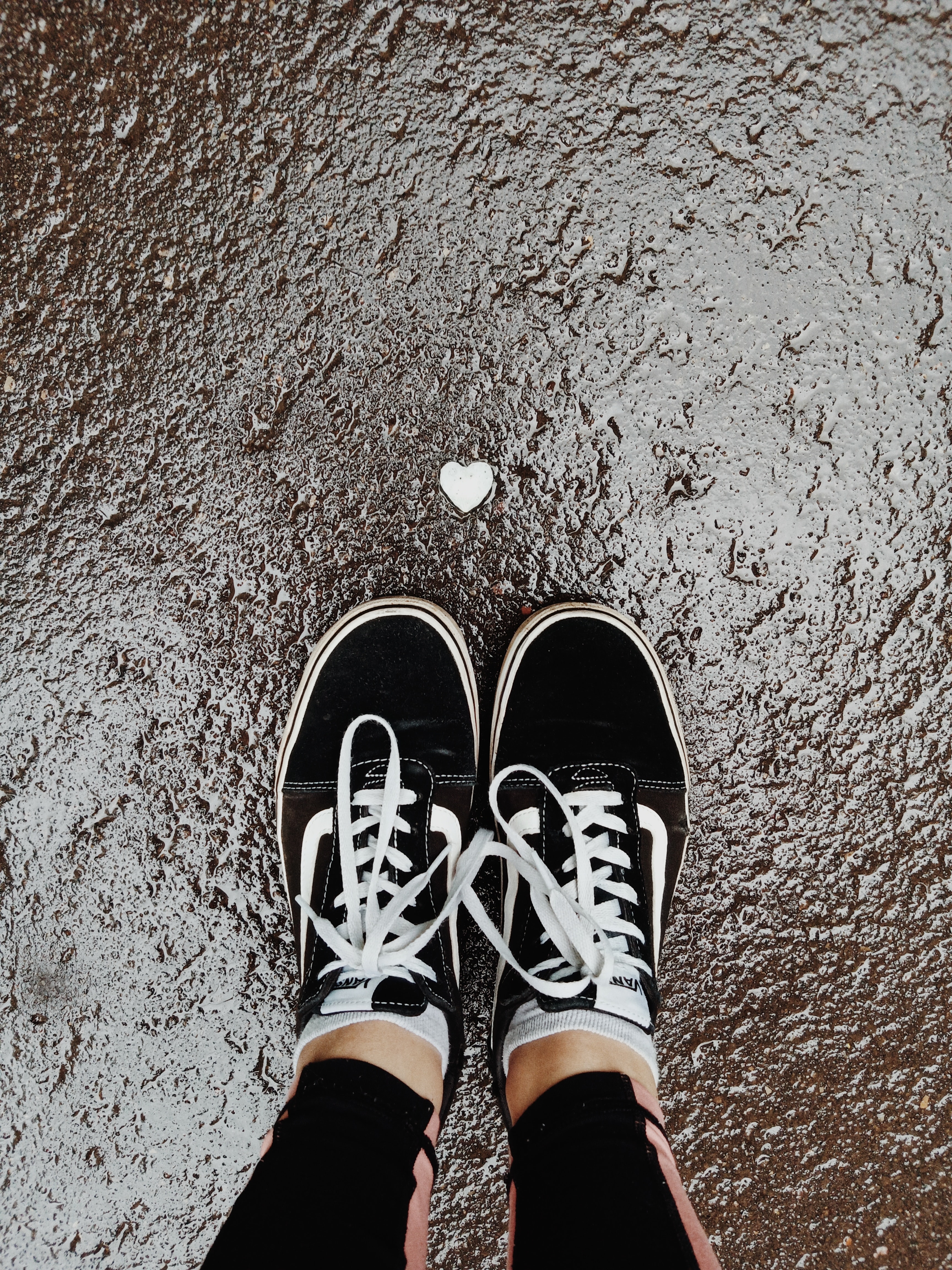 shoes, miscellanea, miscellaneous, legs, sneakers, wet, asphalt, heart