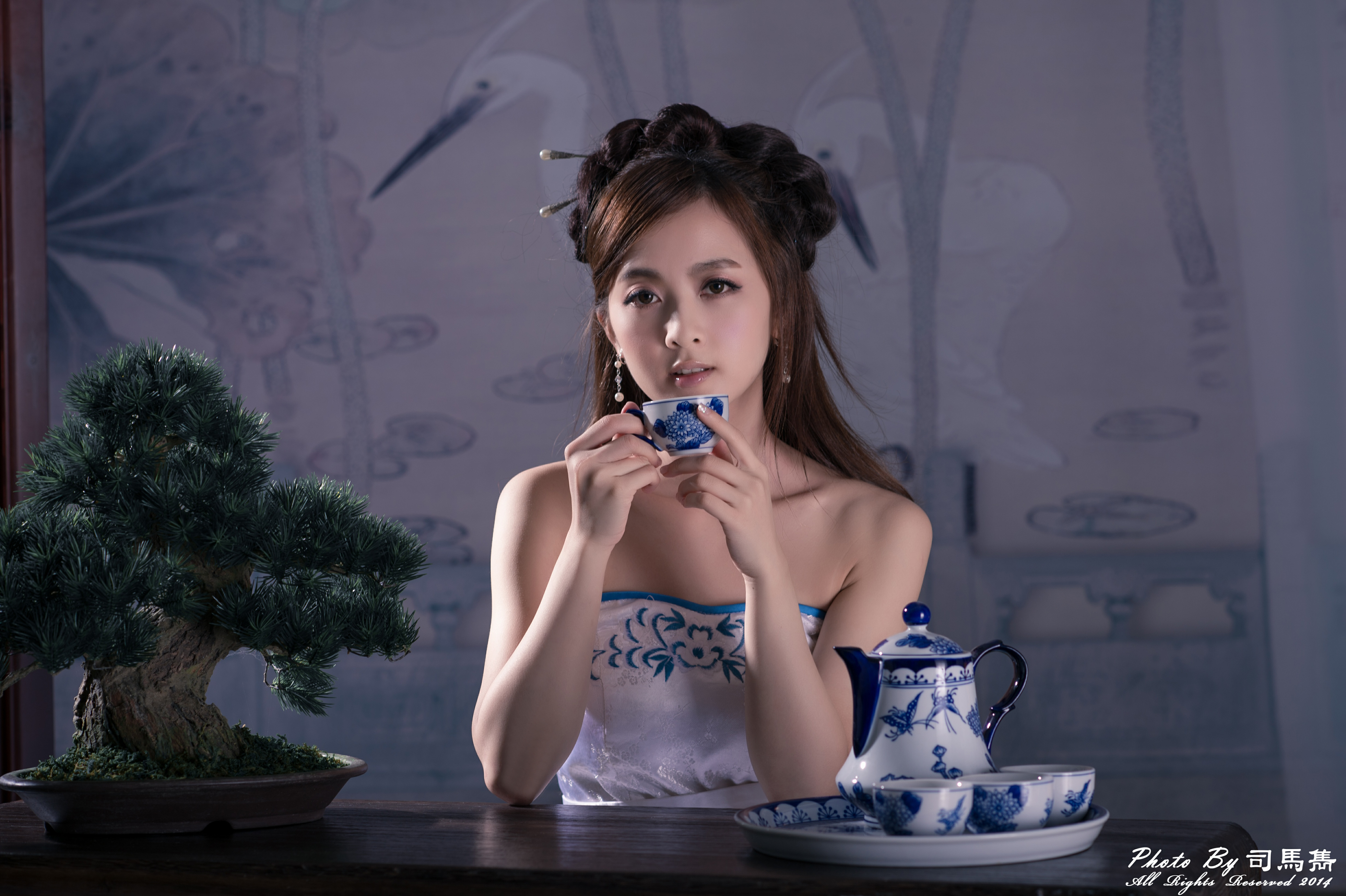 women, mikako zhang kaijie, asian, bonsai, cup, hairpin, hair dress, taiwanese, tea set Full HD