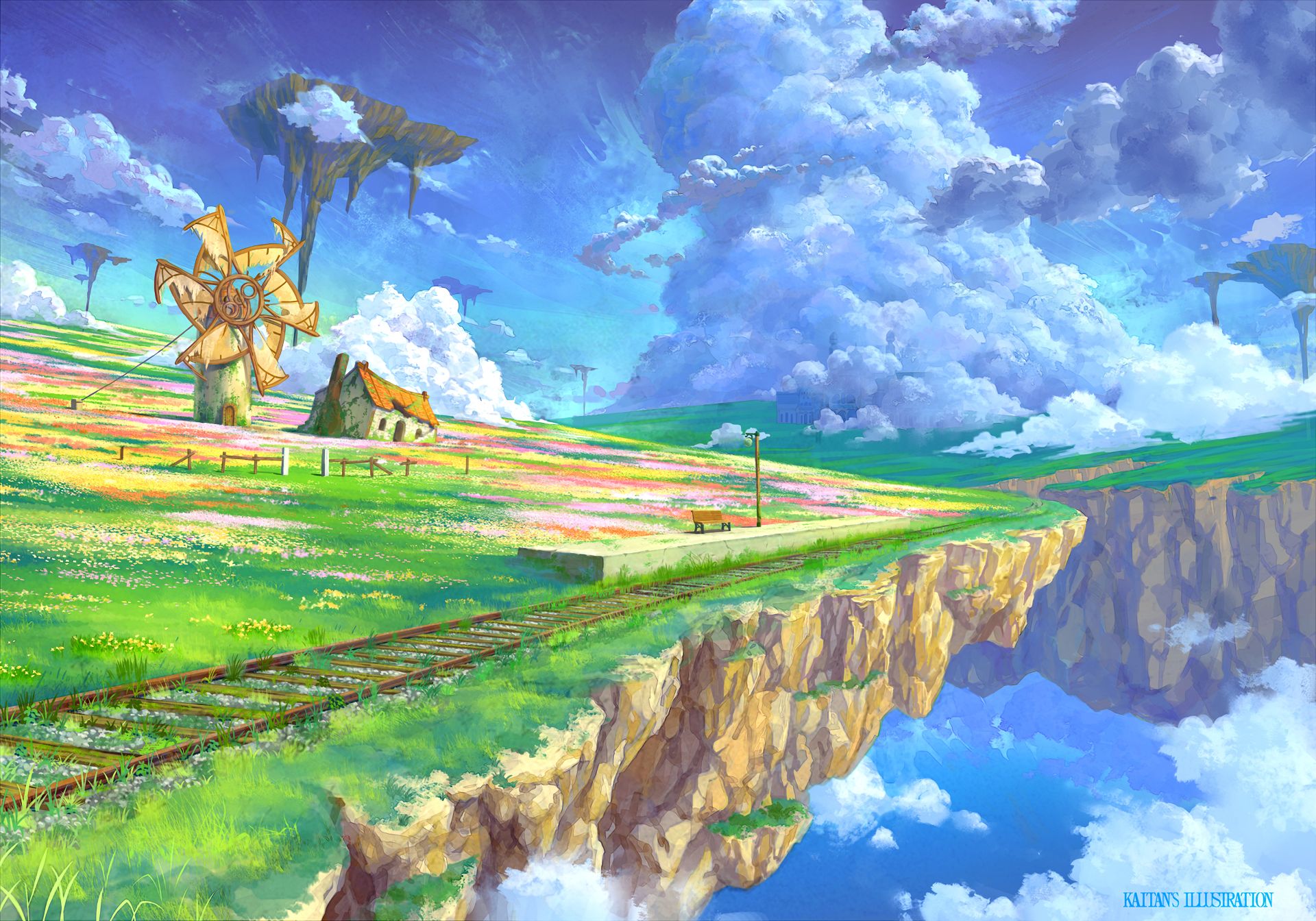 floating island, nature, windmill, sky, anime, original, cloud, flower, landscape, scenic, train station