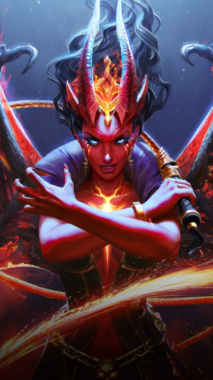 queen of pain (dota 2), video game, dota 2, horns, wings, demon, dota