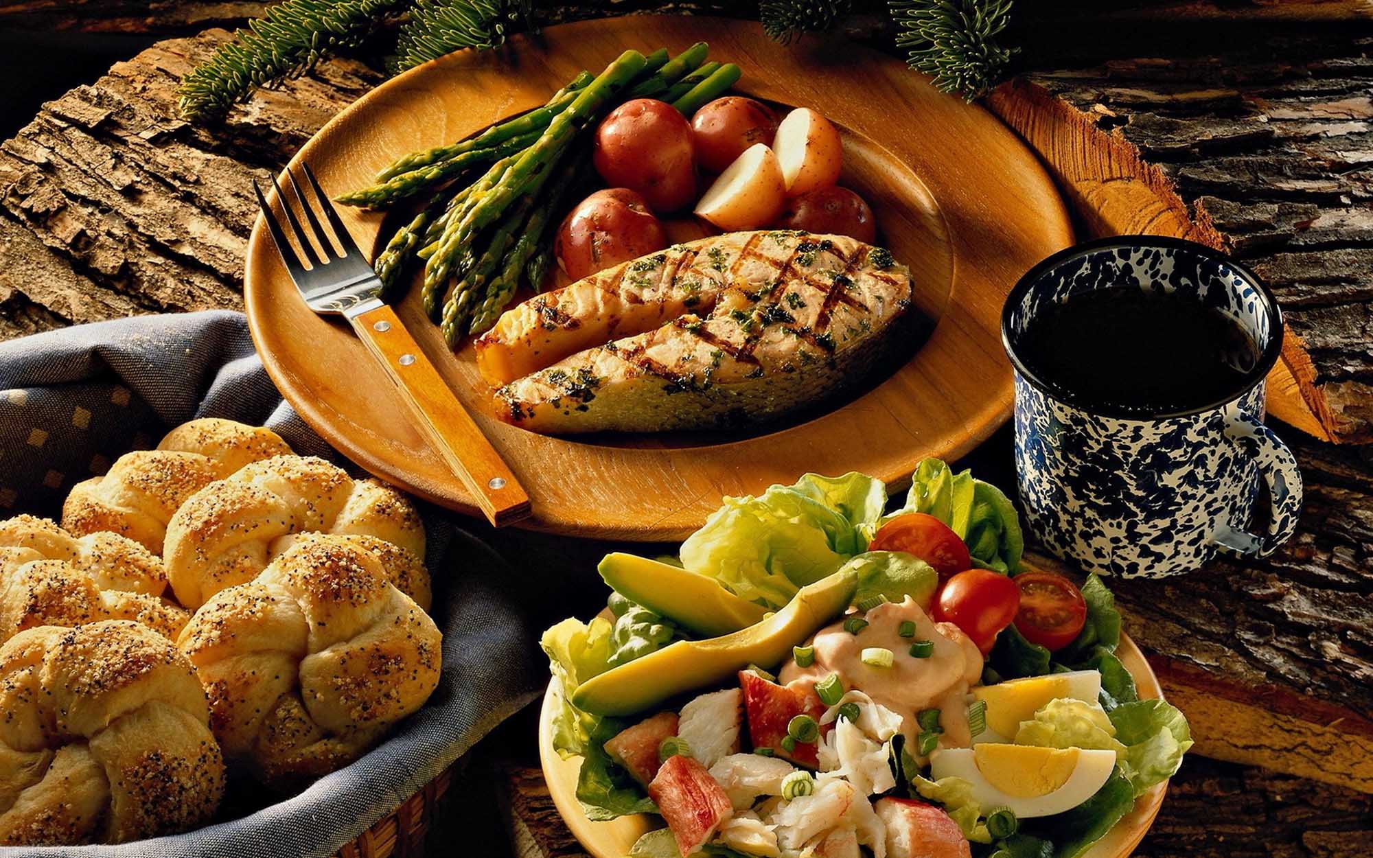 salad, salmon, meal, mug, food, asparagus, bread roll, fish, potato