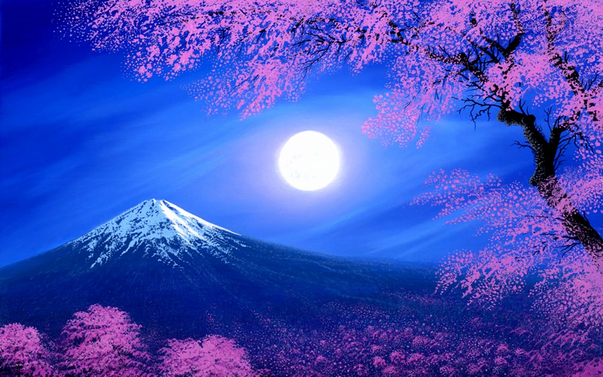 spring, mountain, moon, earth, mount fuji, cherry blossom, fantasy, tree, volcanoes