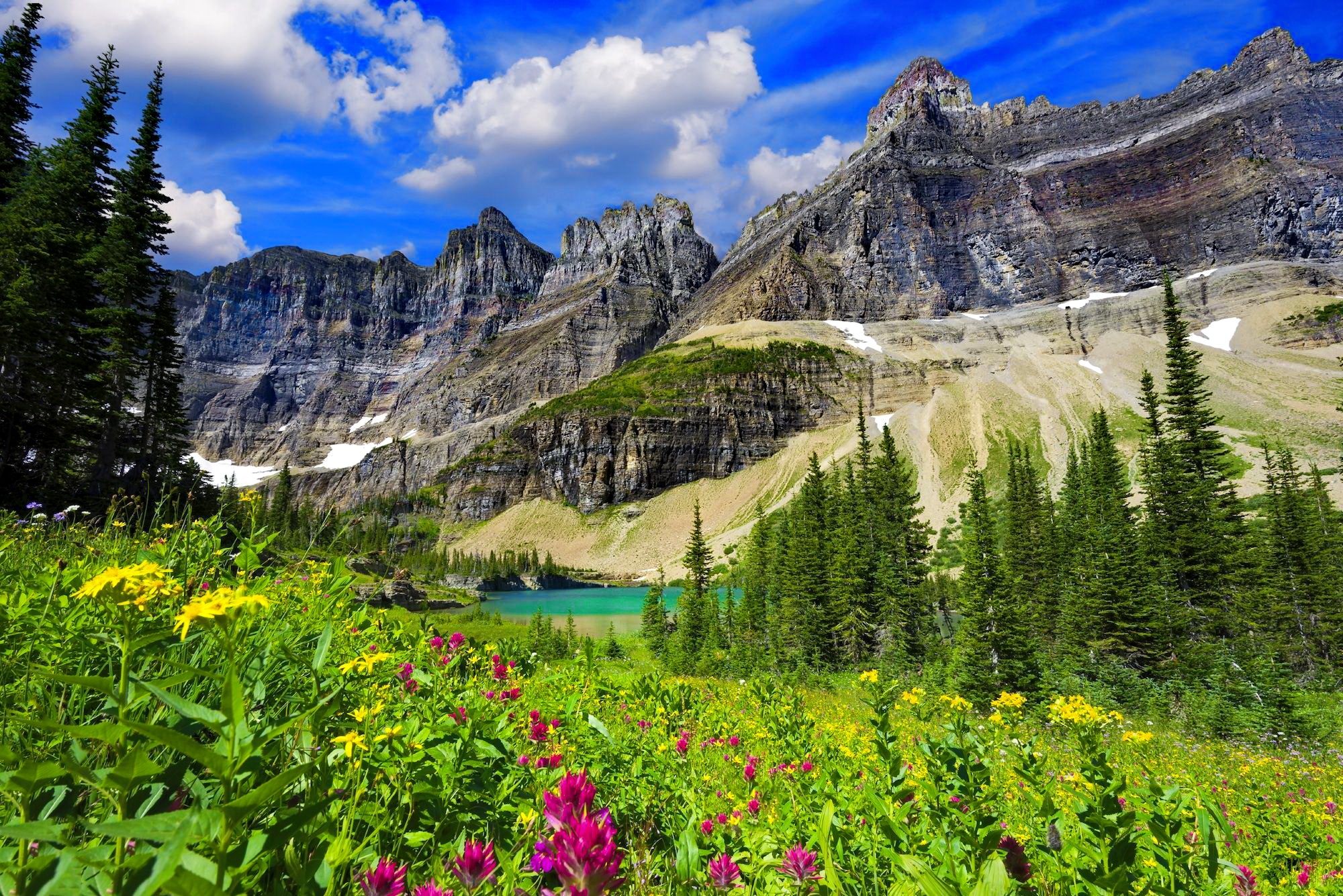 lake, grass, mountain, spring, flower, earth, cliff, landscape
