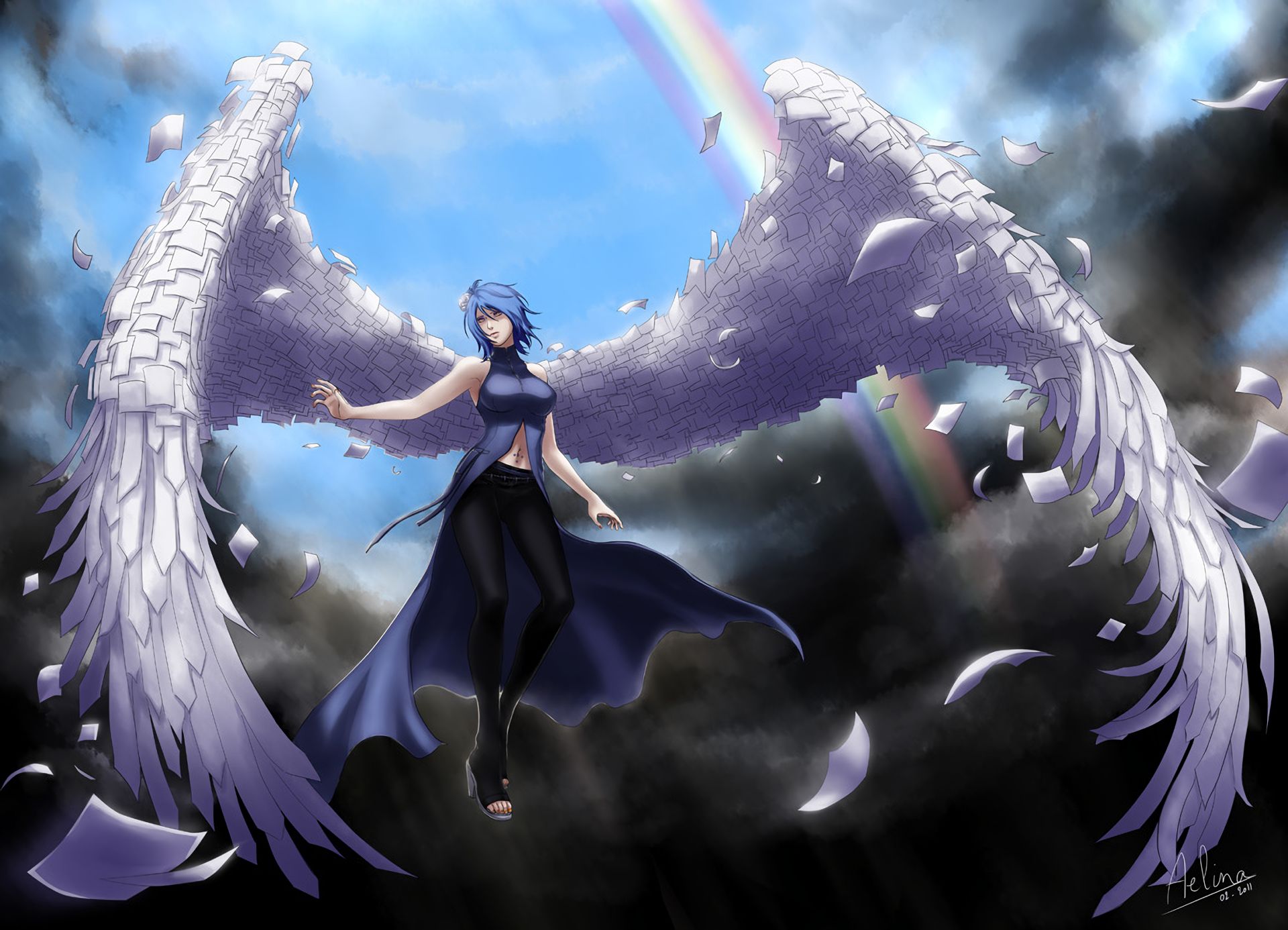 naruto, anime, angel, wings, konan (naruto), blue hair, paper, rainbow