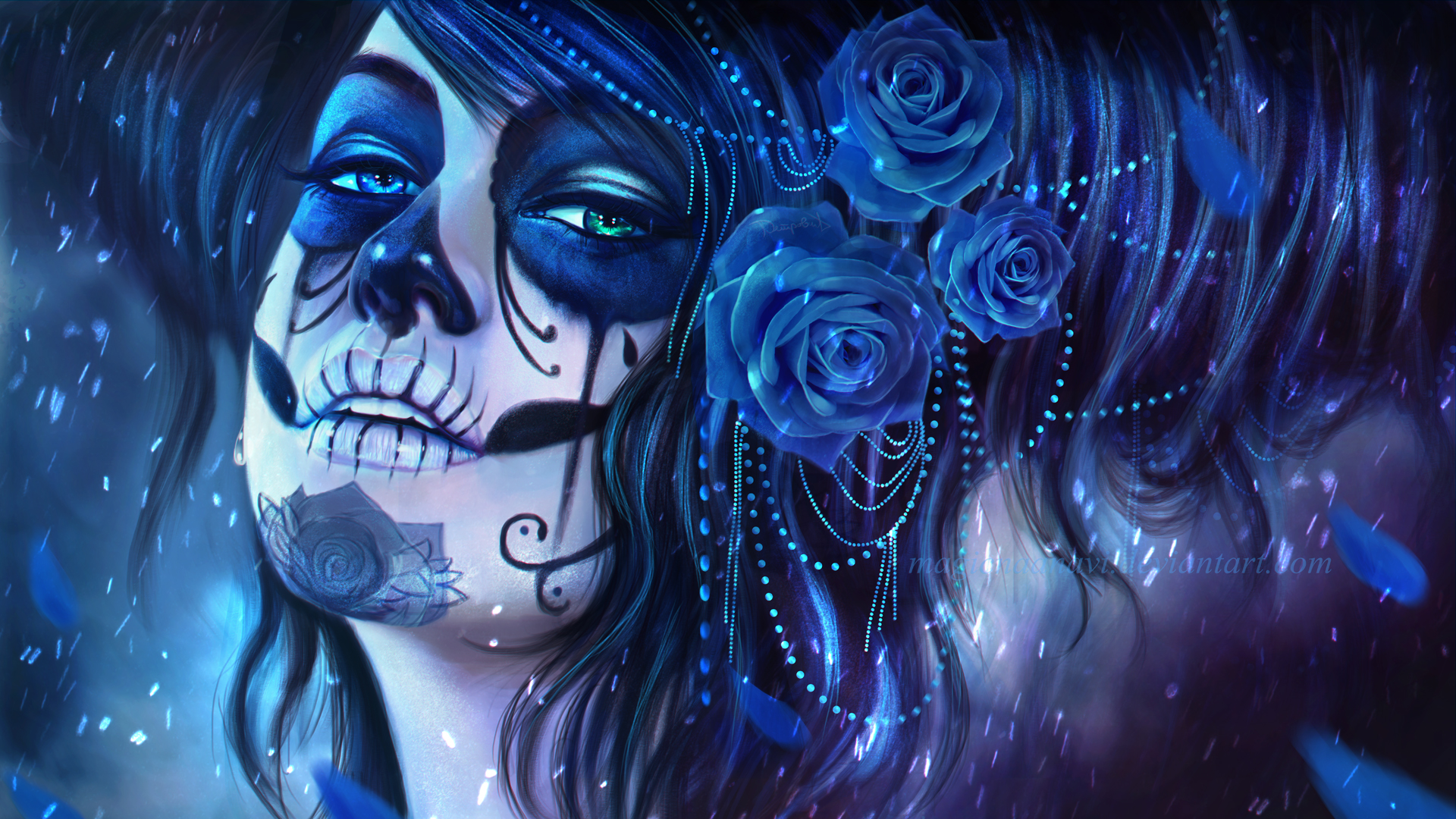 day of the dead, artistic, sugar skull, blue, makeup, rose, skeleton FHD, 4K, UHD
