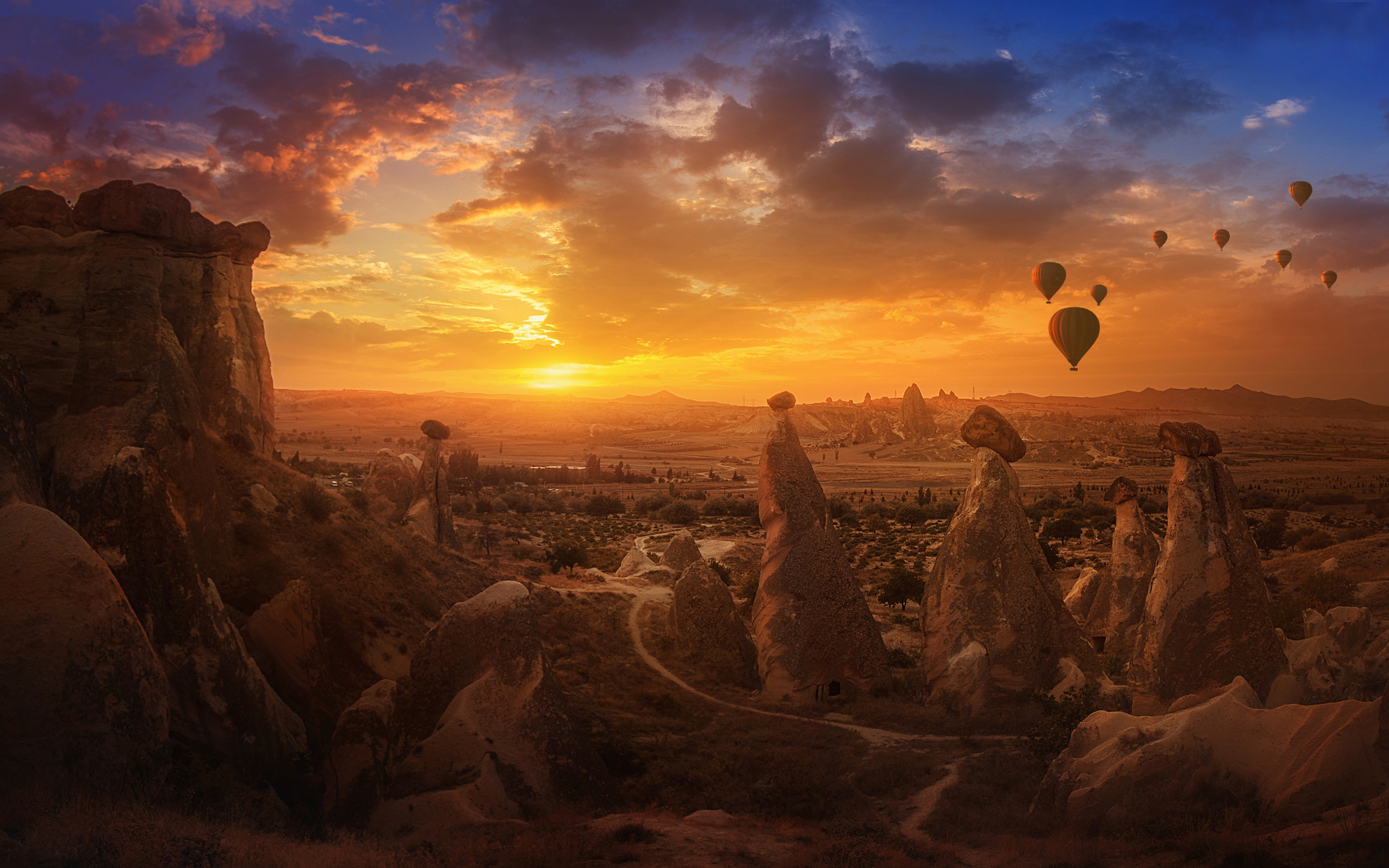 Download mobile wallpaper Landscape, Canyon, Earth, Canyons, Turkey, Cappadocia, Hot Air Balloon for free.