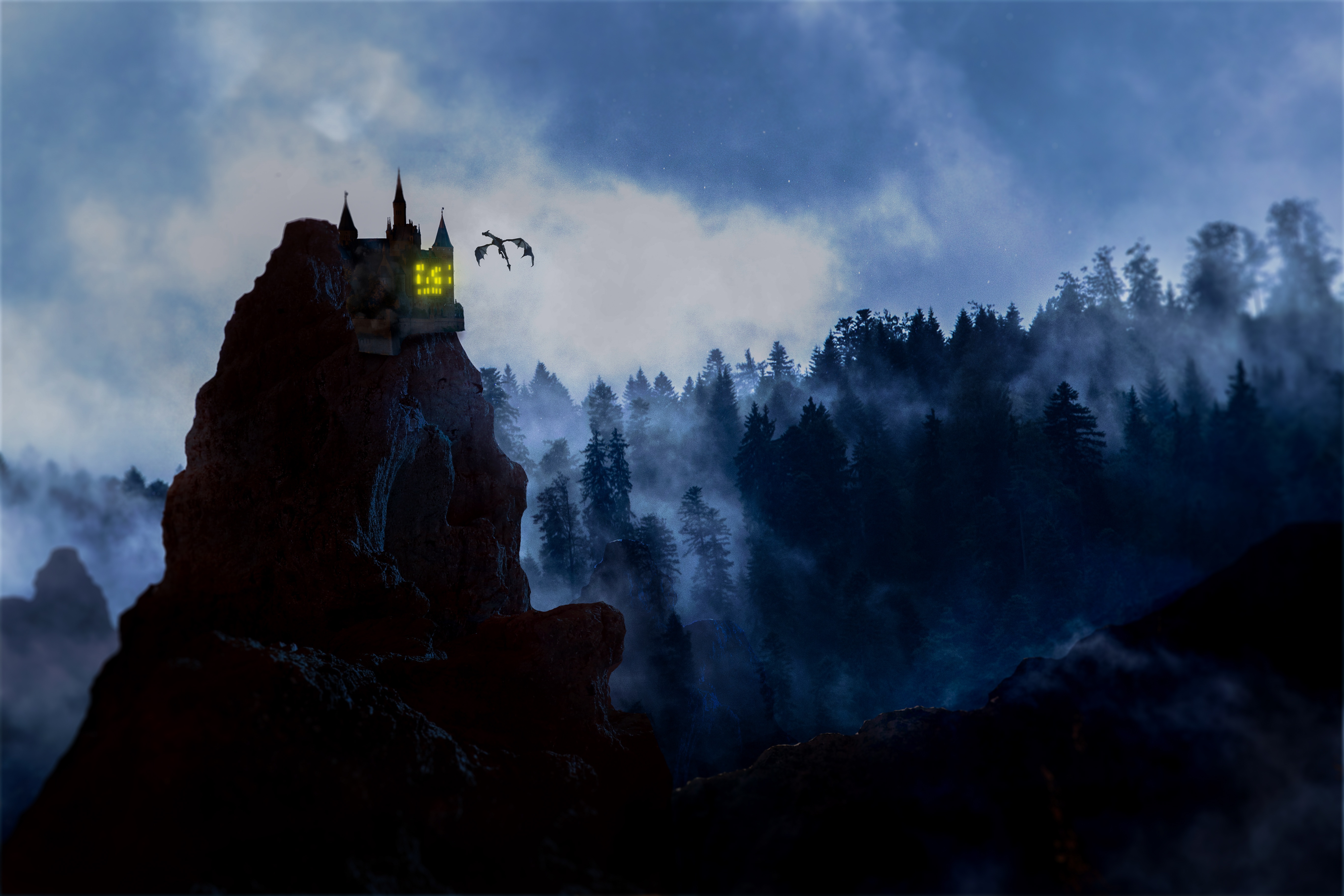 dragon, fantasy, rock, lock, forest, fog High Definition image