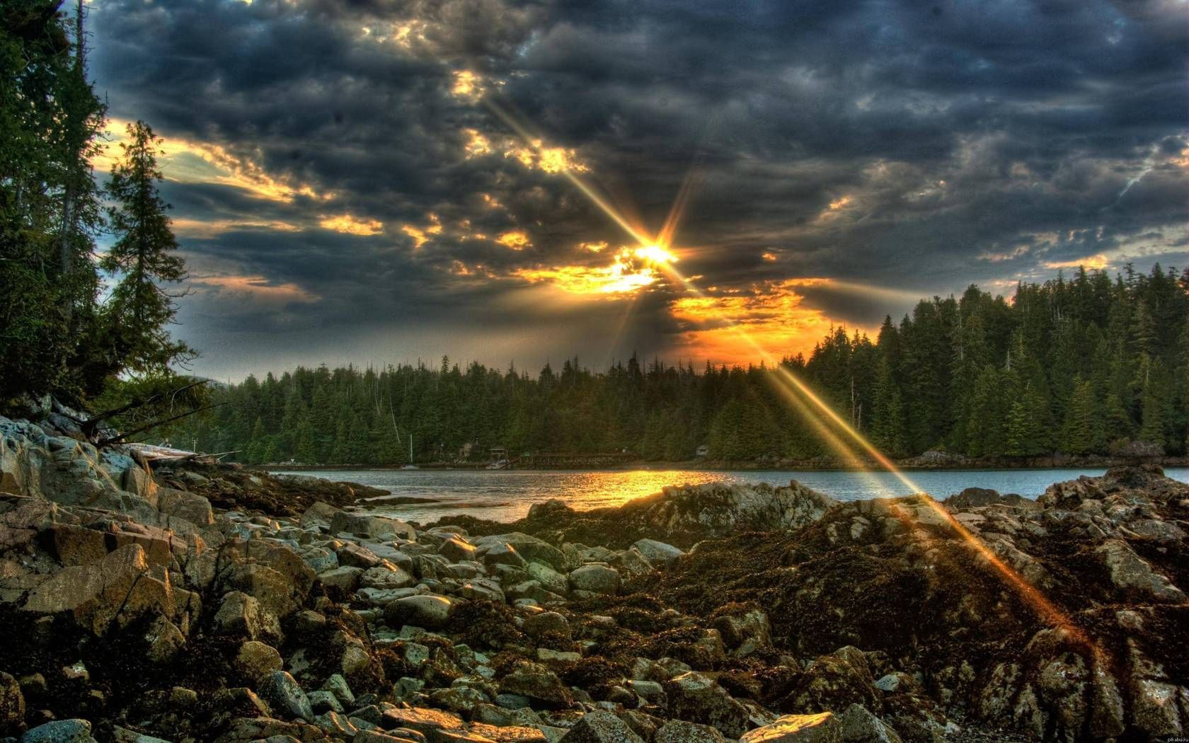 mainly cloudy, overcast, stones, nature, sun, clouds, lake, beams, rays, forest, evening