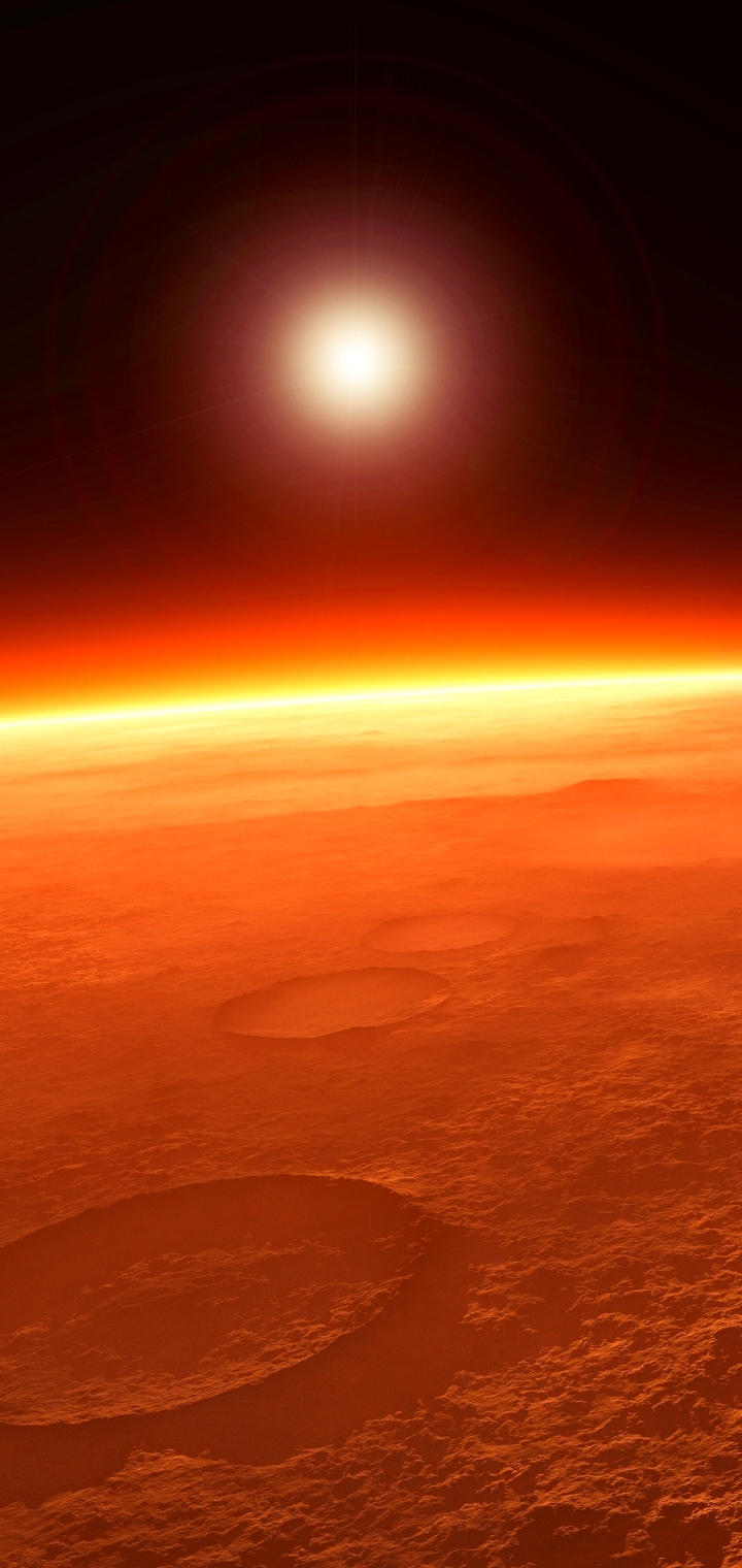 sci fi, mars, planetscape, sun, crater Smartphone Background