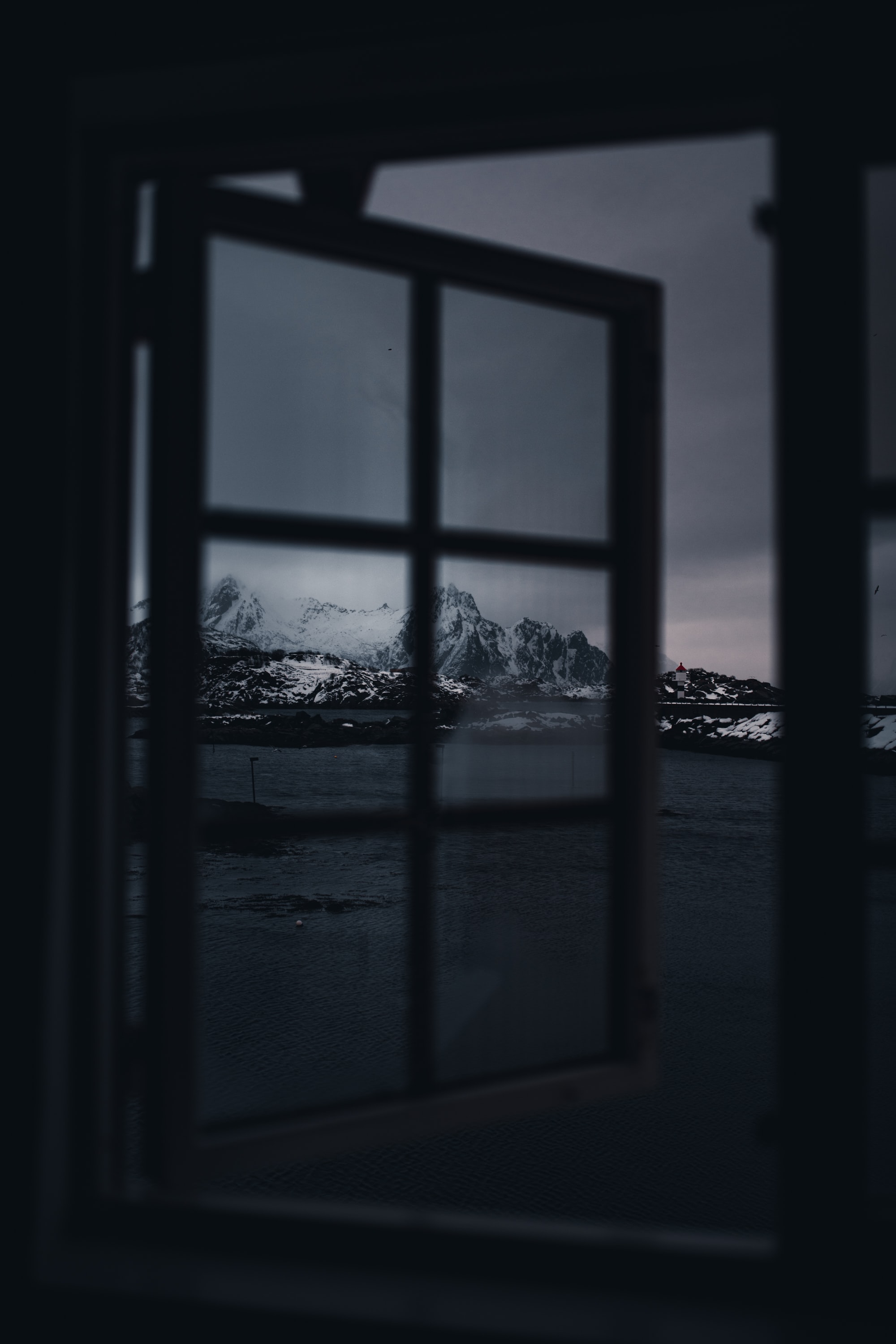 Download mobile wallpaper Window, Mountains, Snow, Dark for free.