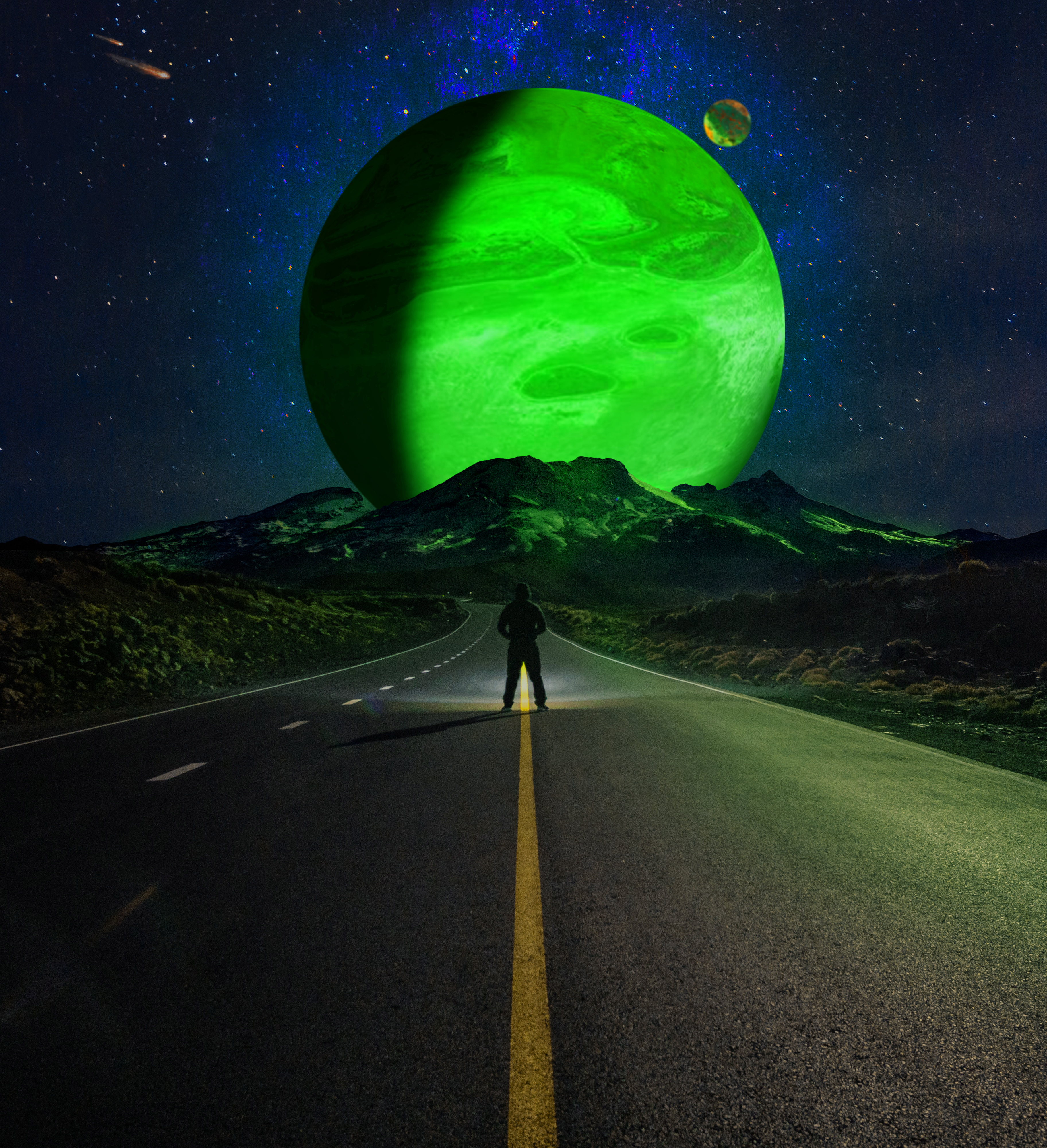 Download mobile wallpaper Miscellaneous, Road, Mountains, Miscellanea, Planets, Night, Silhouette for free.